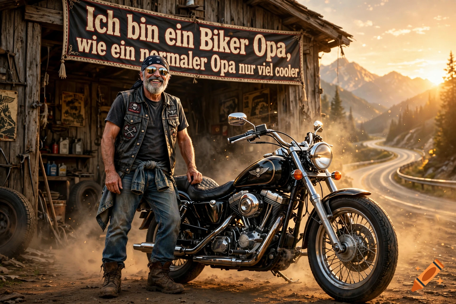 An older biker grandfather with sunglasses and a bandana stands next to his cruiser motorcycle in front of a rustic wooden building at sunset.