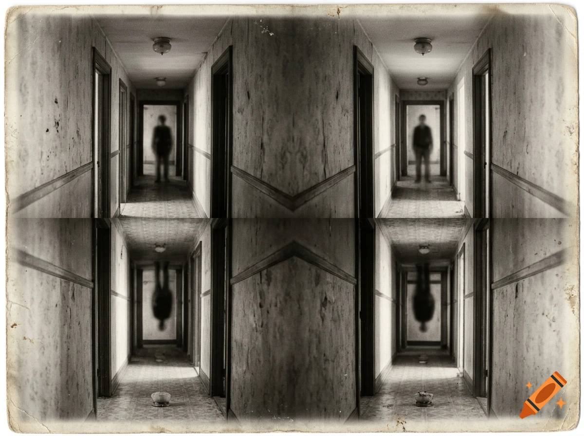 Vintage black and white split-image photo of a creepy apartment hallway with a blurred figure in the distance.