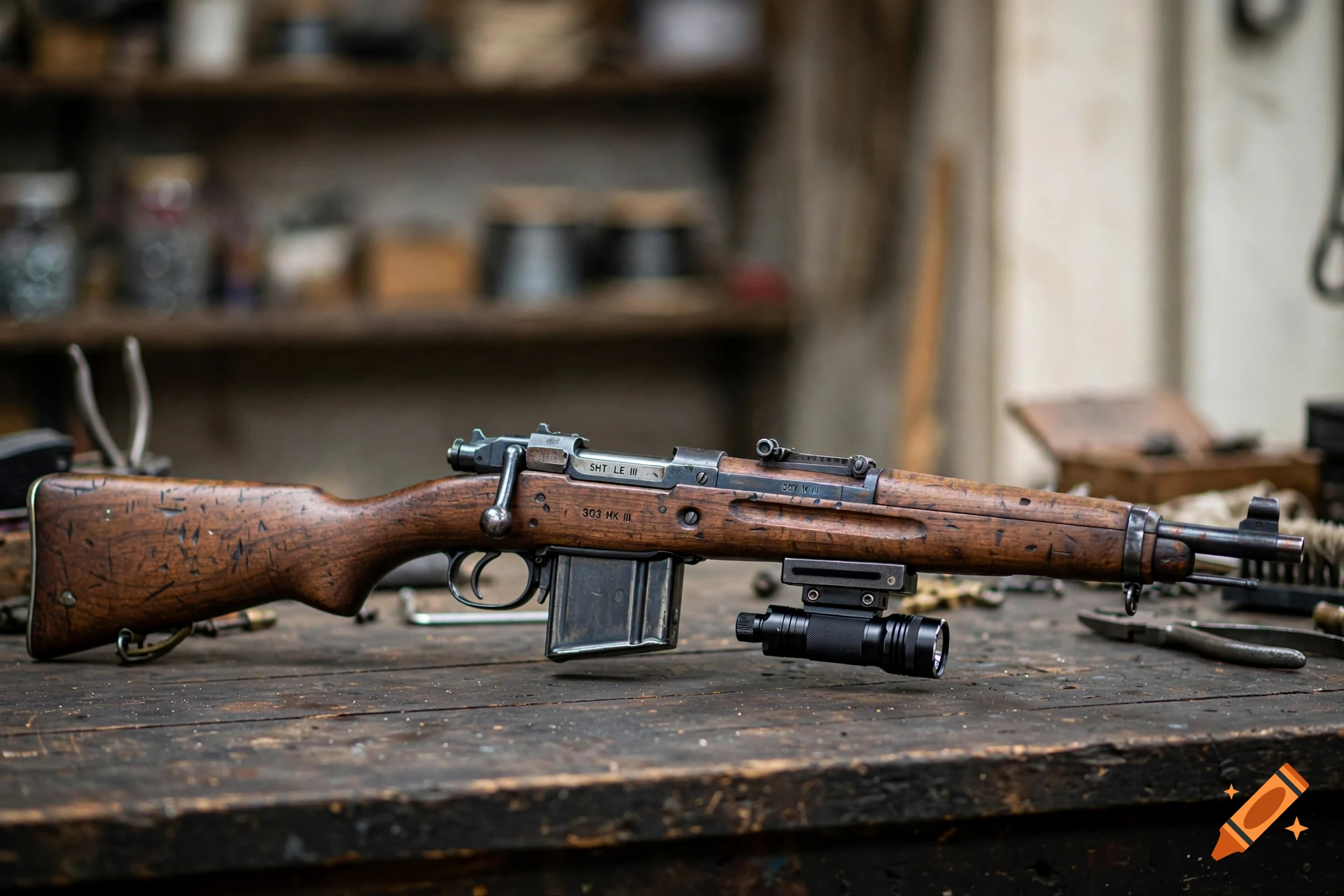 A photorealistic Lee-Enfield Mark III rifle with a tactical flashlight mounted underneath, resting on a wooden workbench in a workshop.