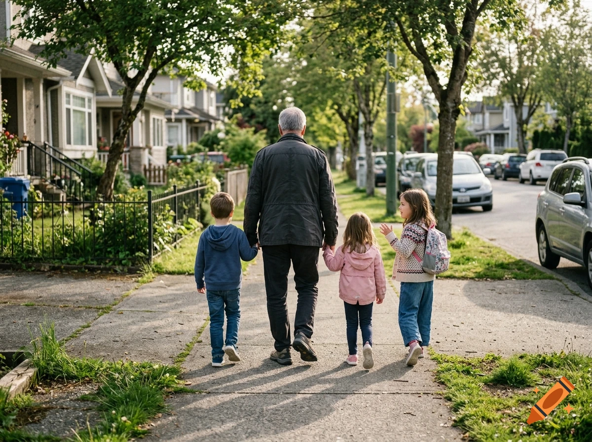 An older man walking away down a suburban sidewalk holding hands with two young girls and a boy.