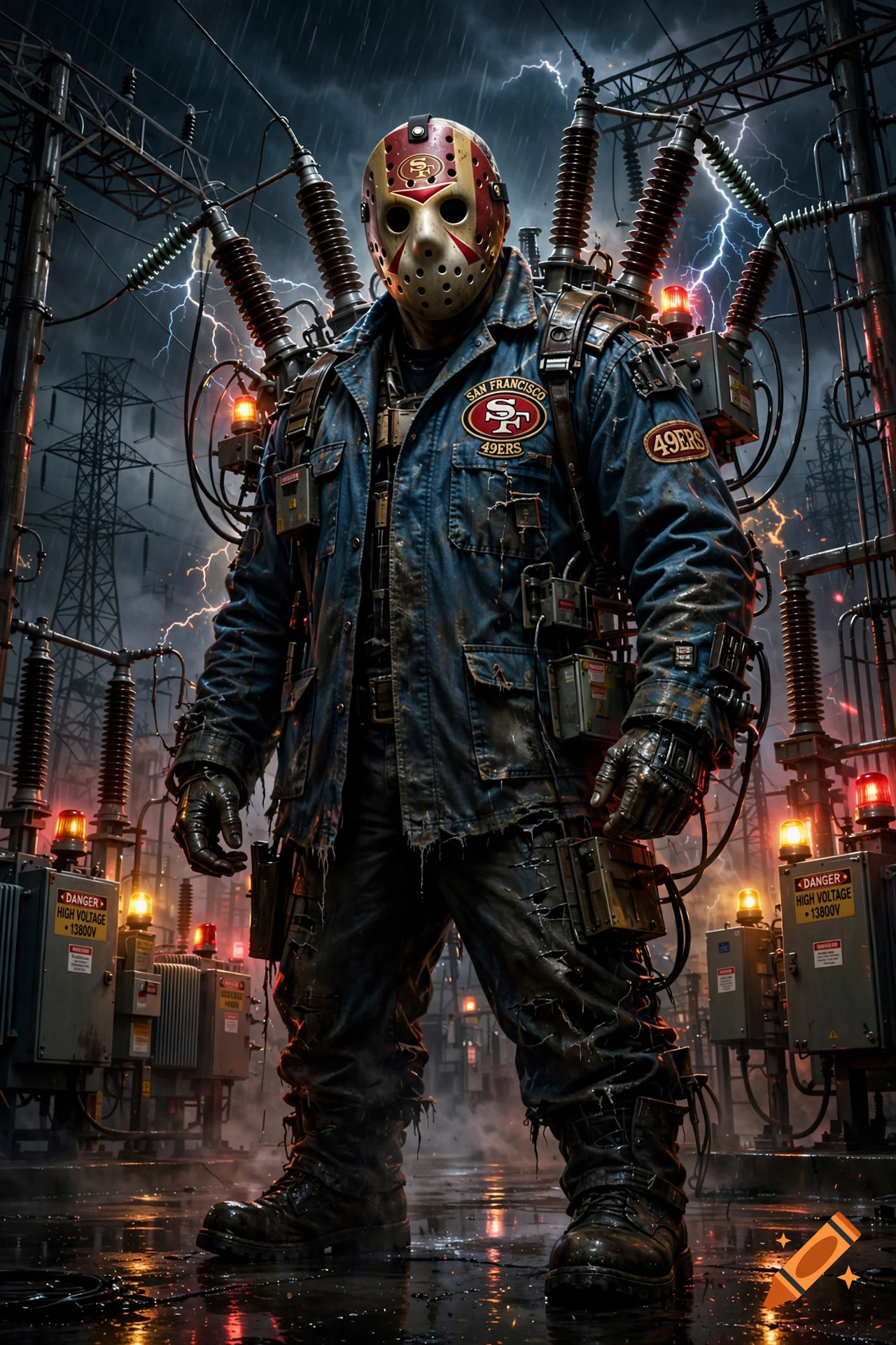 Photorealistic image of Jason Voorhees wearing a San Francisco 49ers jacket and hockey mask inside an electrical substation.