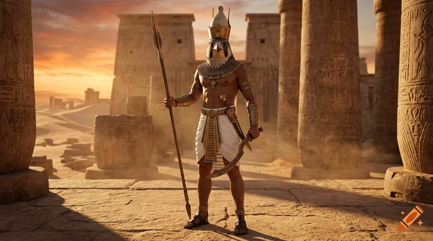Photorealistic depiction of the Egyptian god Horus with a falcon head, holding a spear and sword in an ancient temple courtyard at sunset.