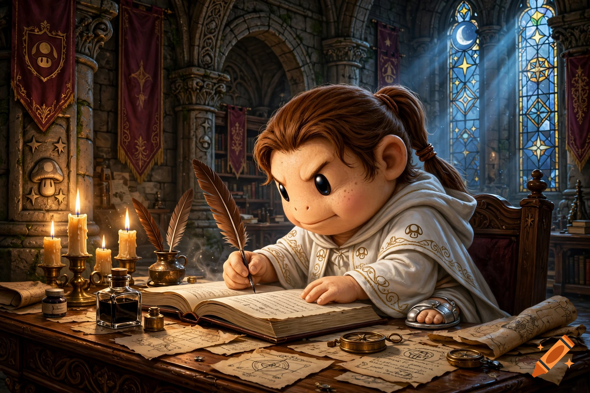 An anthropomorphic fantasy character with brown hair and white robes writing in a large book inside a stone castle.