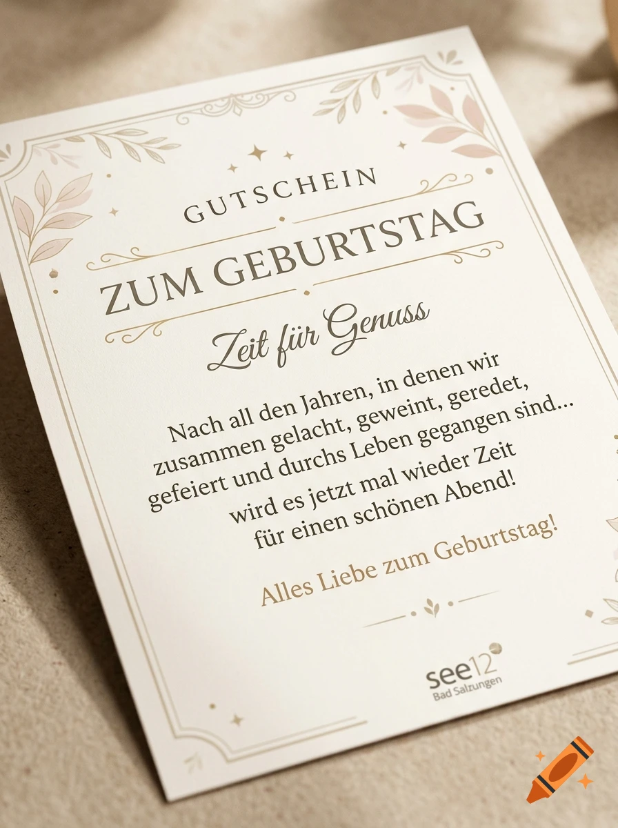 A birthday voucher card with elegant typography and floral decorations on a textured surface, top-down view.