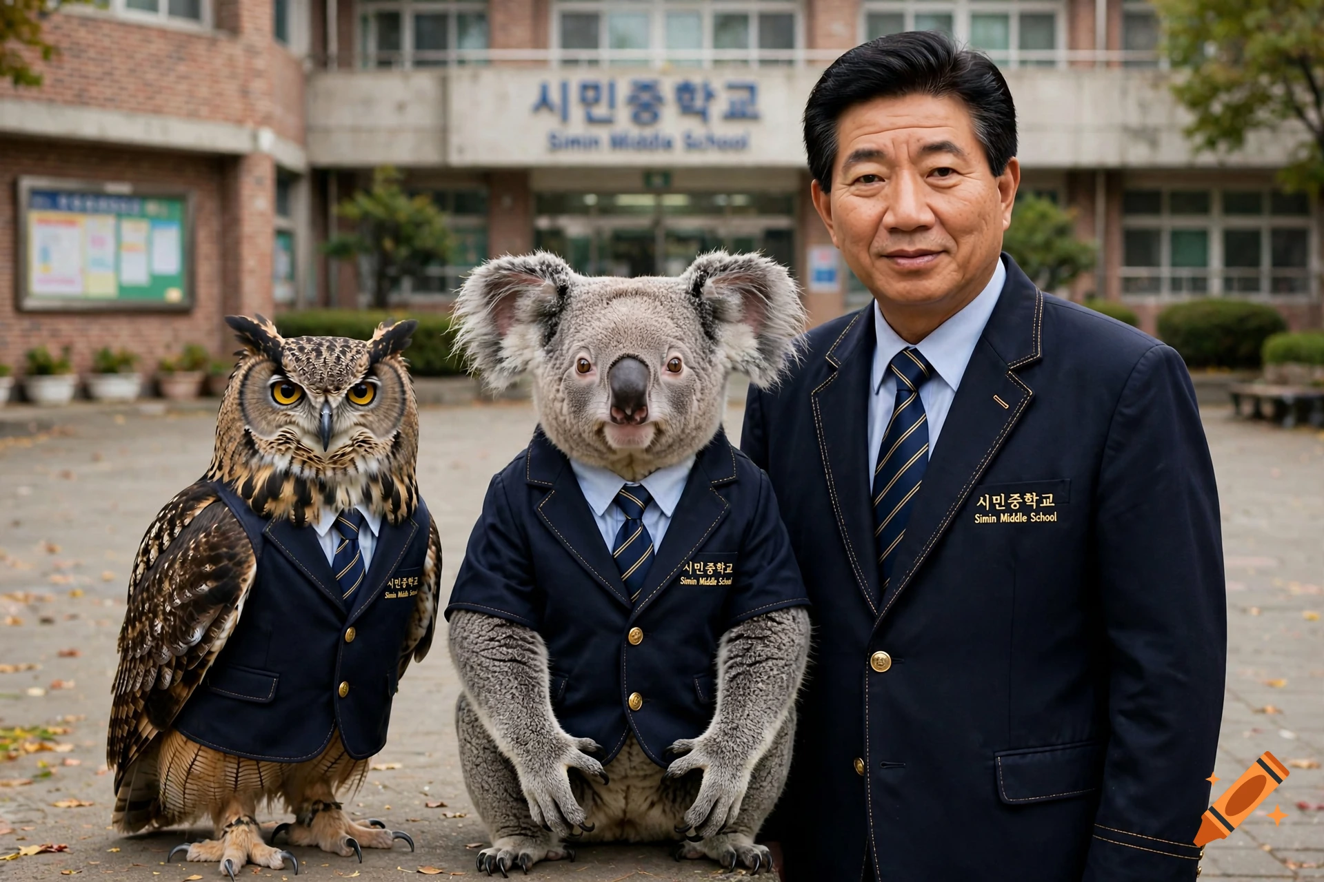 Photorealistic image of a man, a koala, and an owl wearing matching school uniforms in front of a school building.