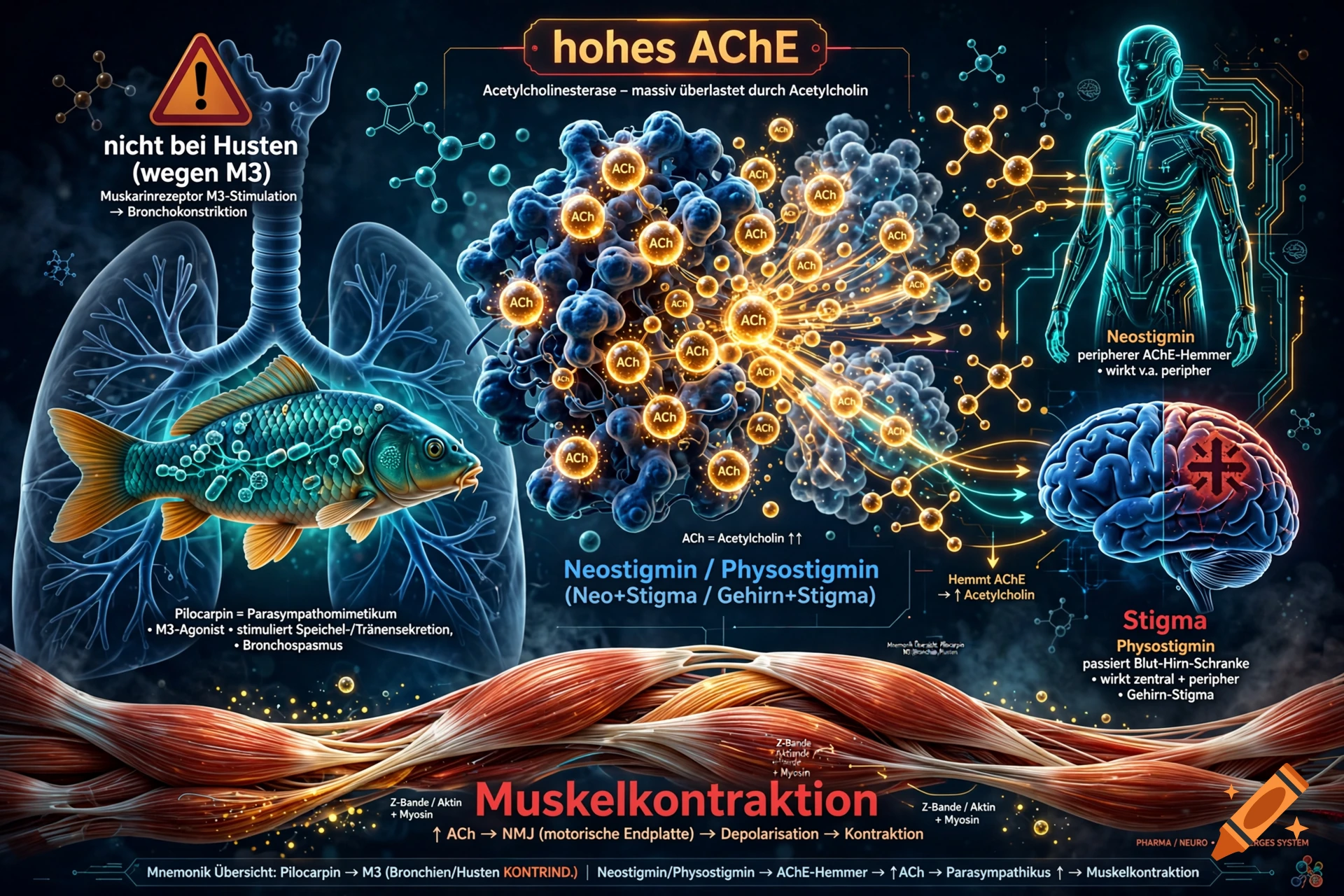 Detailed medical infographic illustrating acetylcholine and muscle contraction with lungs, brain, carp, and cellular pathways.