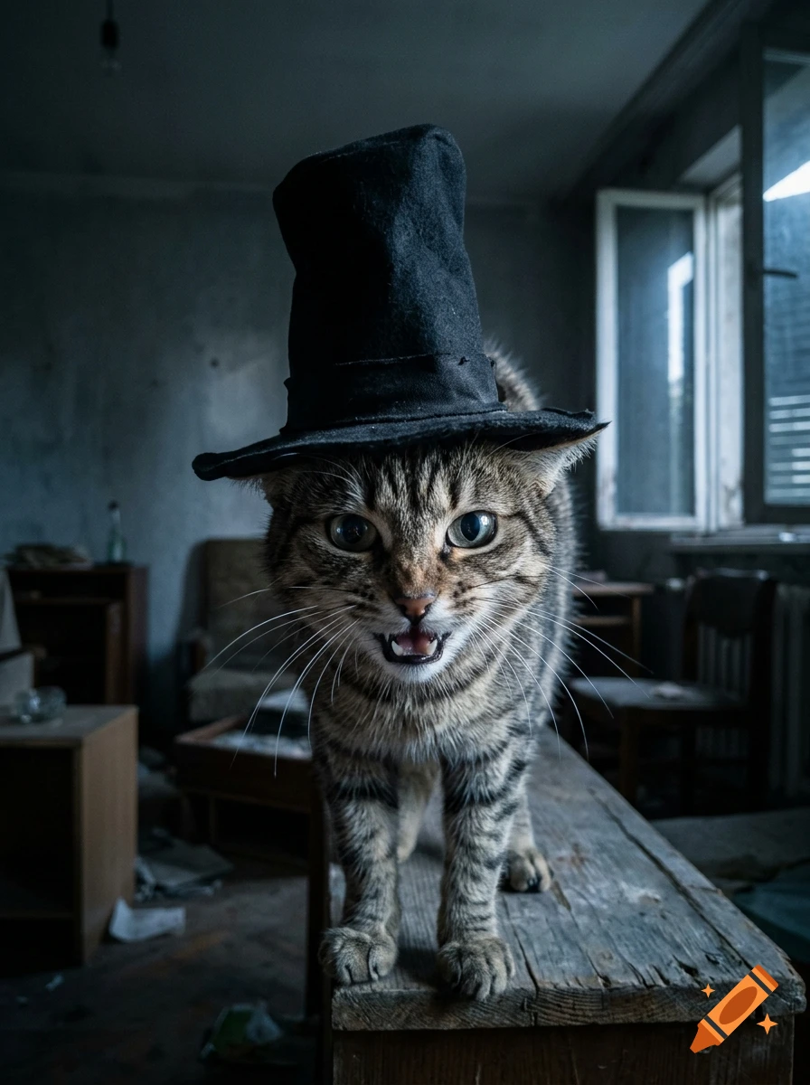 Photorealistic image of a tabby cat wearing a black top hat, baring its teeth while standing on a wooden surface in a dilapidated room.