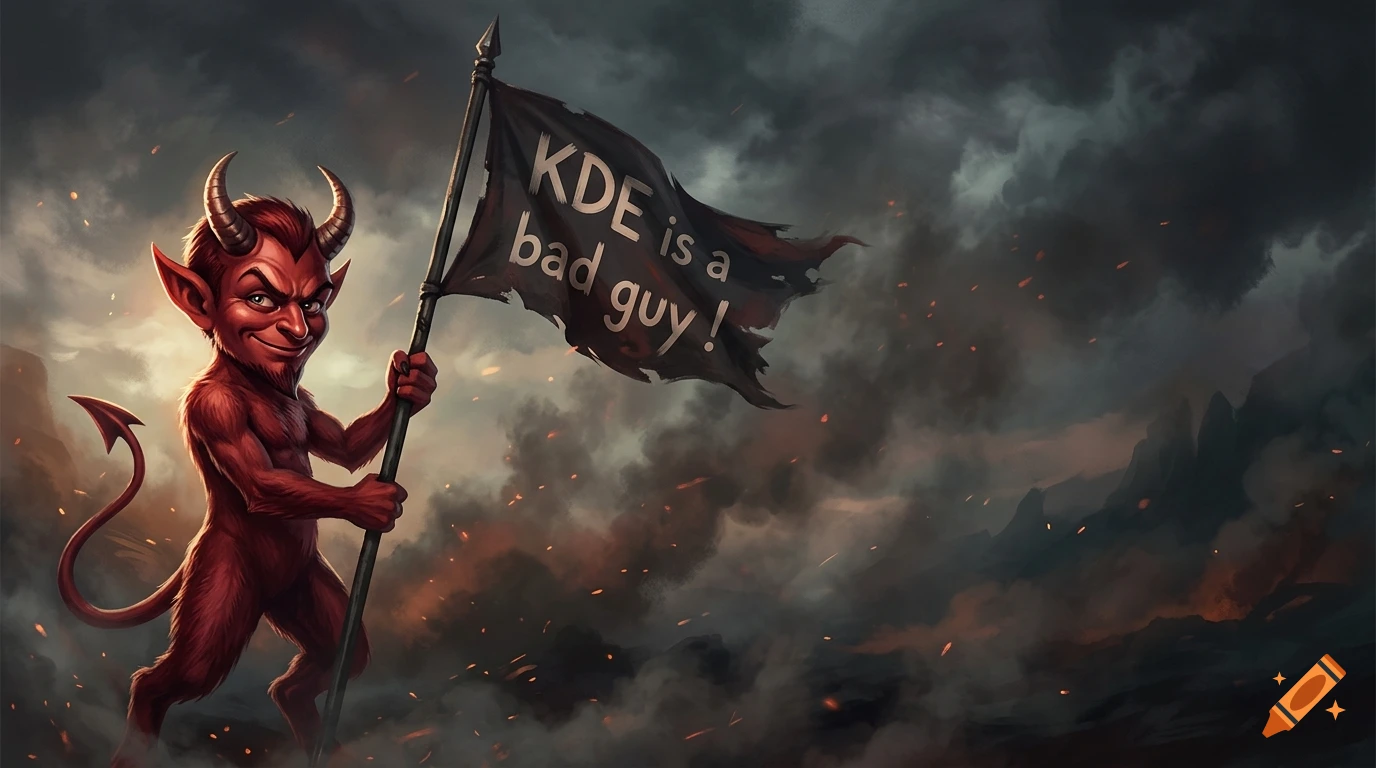 Digital illustration of the FreeBSD mascot red devil holding a black flag that reads 'KDE is a bad guy !' against a stormy background.
