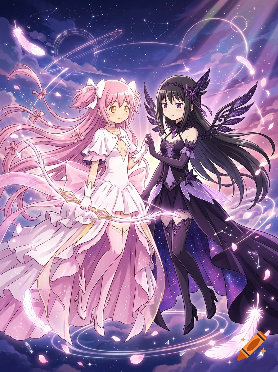 Anime illustration of two magical girls in goddess forms with flowing pink and black dresses, holding hands amidst starry space.