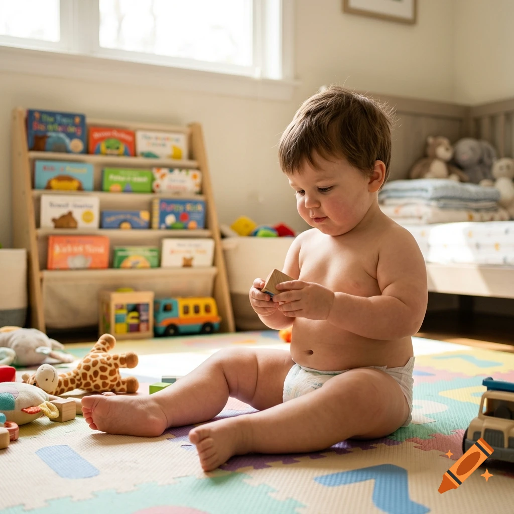 A toddler in a diaper sitting on a colorful play mat in a brightly lit children's room, surrounded by toys and a bookshelf.