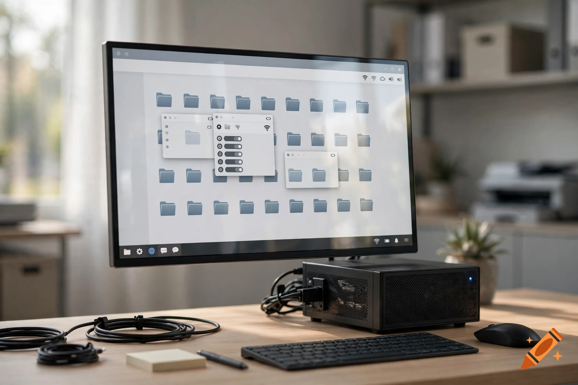 Photorealistic desktop computer setup with a monitor displaying a user interface, keyboard, mouse, and cables on a wooden desk.