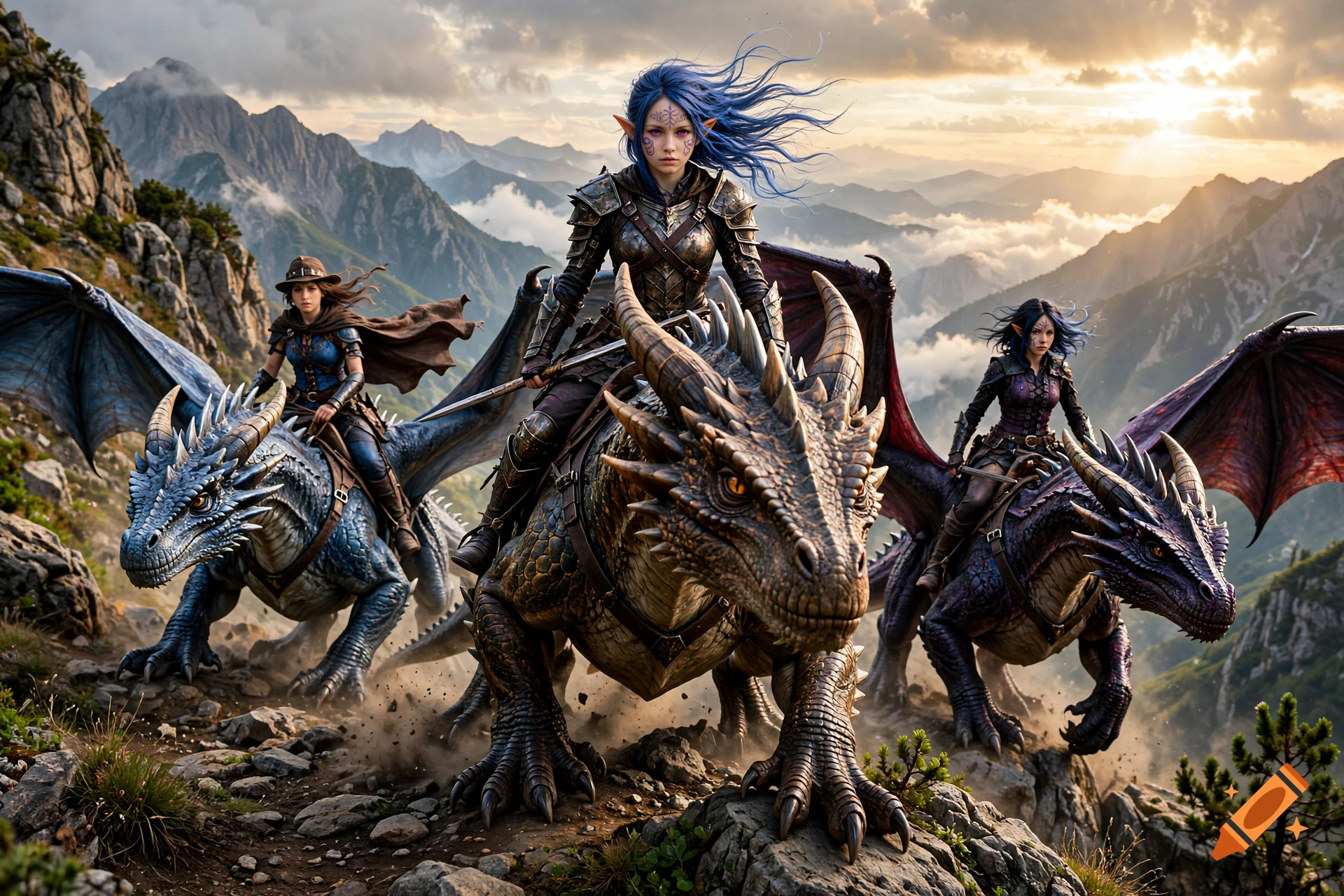 Three female fantasy warriors riding dragons across a rocky mountain landscape at sunset, photorealistic style.
