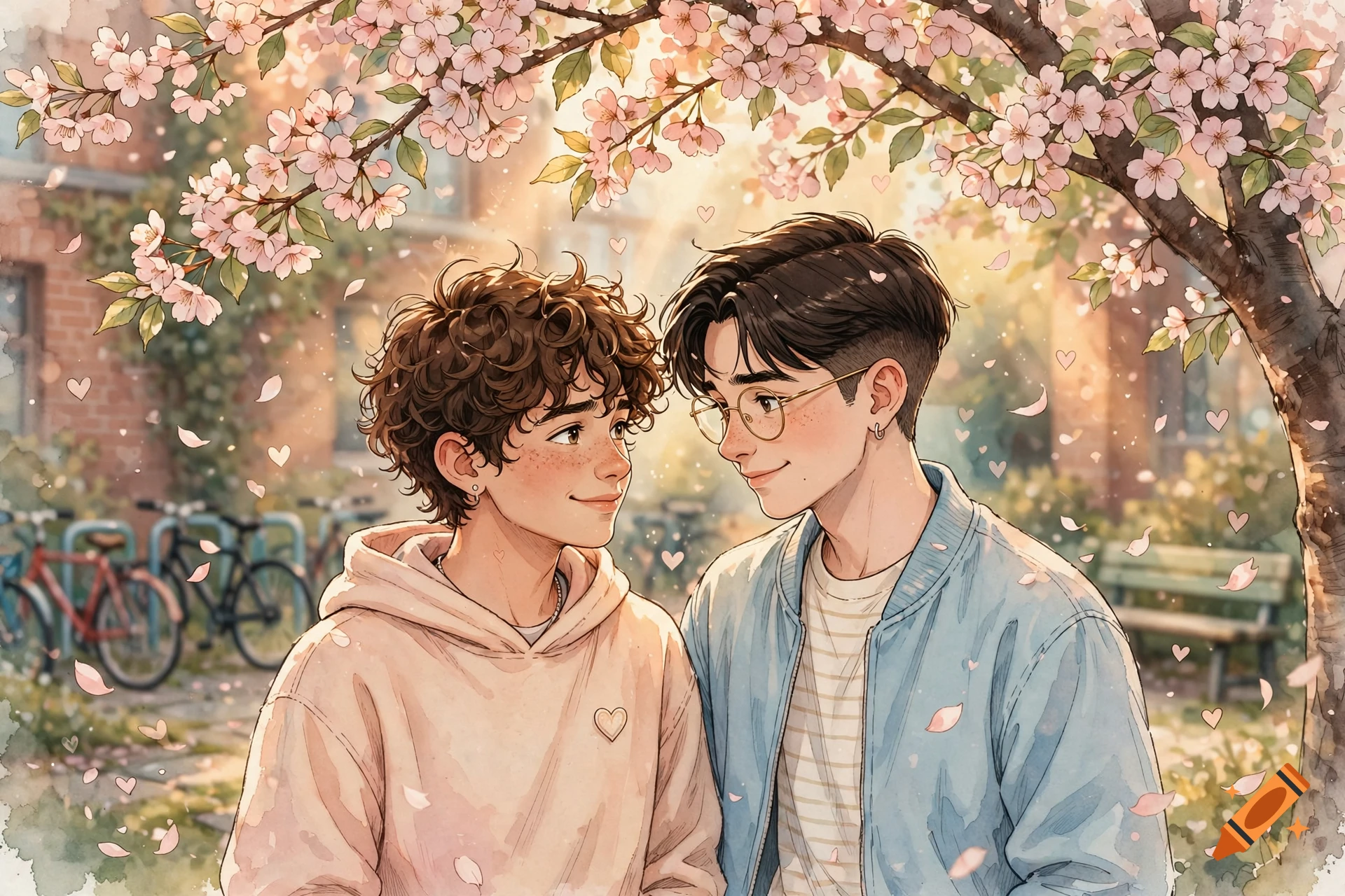 Watercolor illustration of two teenage boys smiling at each other under a blossoming cherry tree.