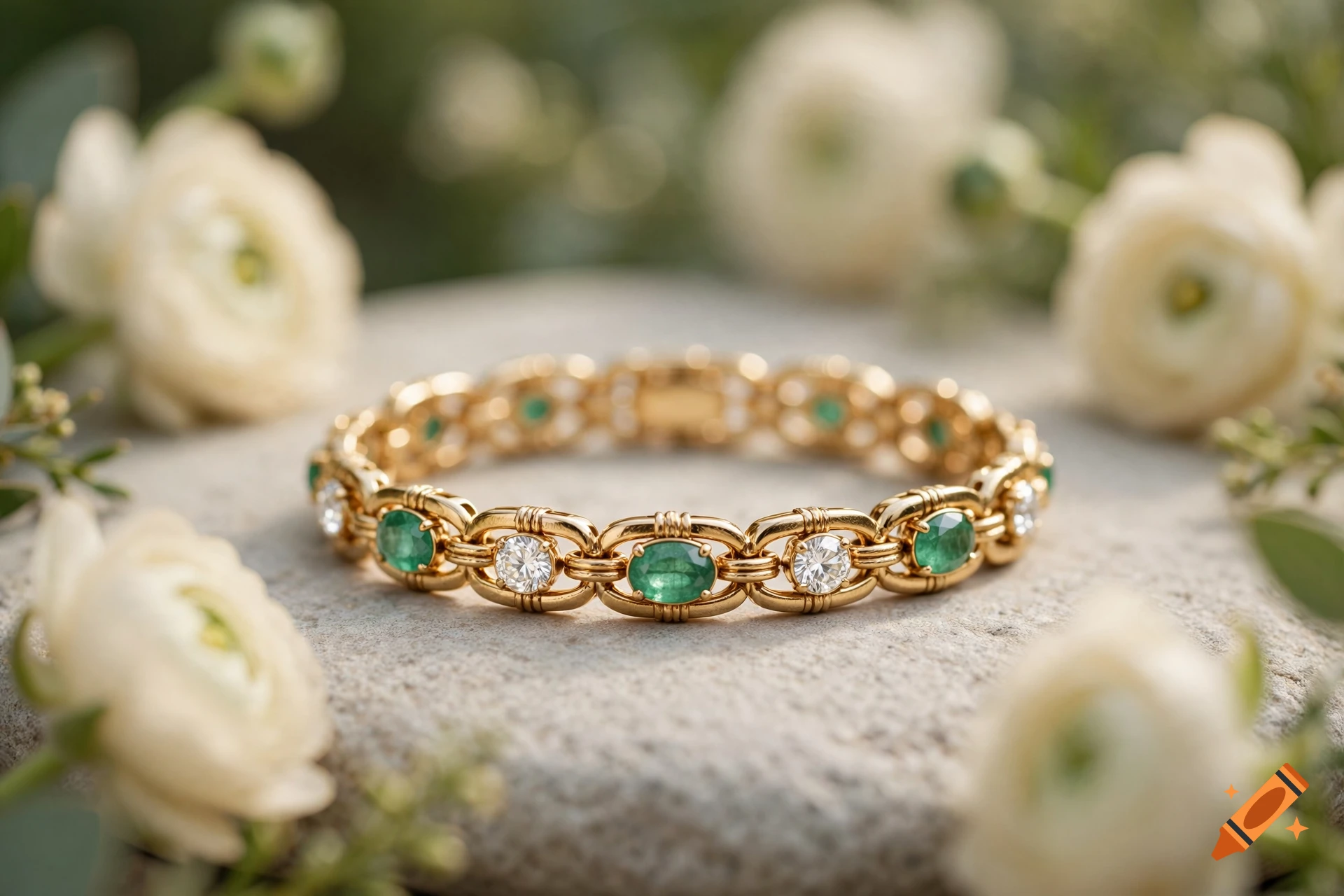 Close-up of a gold bracelet set with emeralds and diamonds on a stone surface, surrounded by white ranunculus flowers.