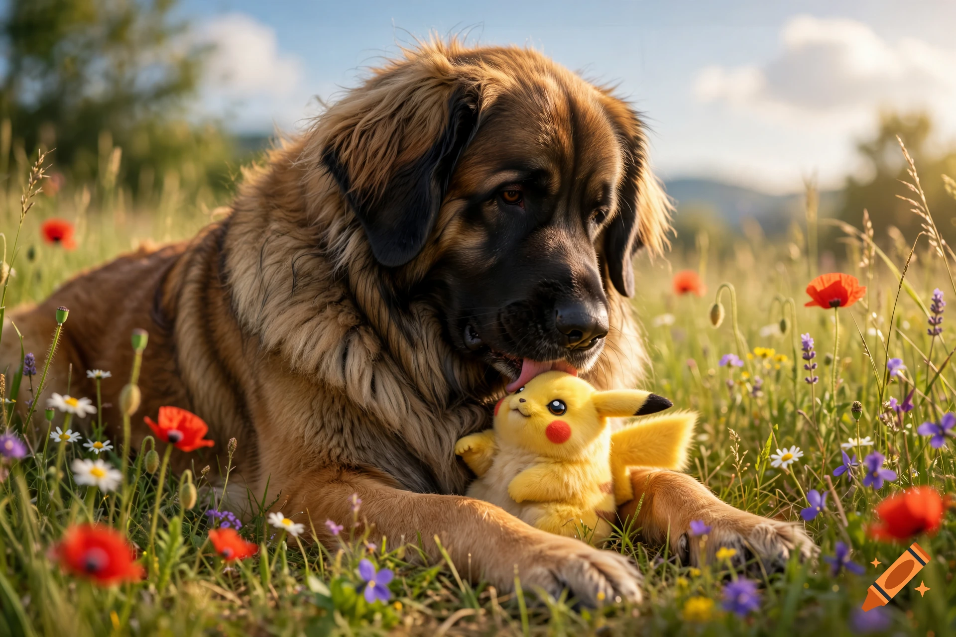 A Leonberger dog gently licking a plush Pikachu toy in a vibrant grassy field filled with colorful flowers, digital art.