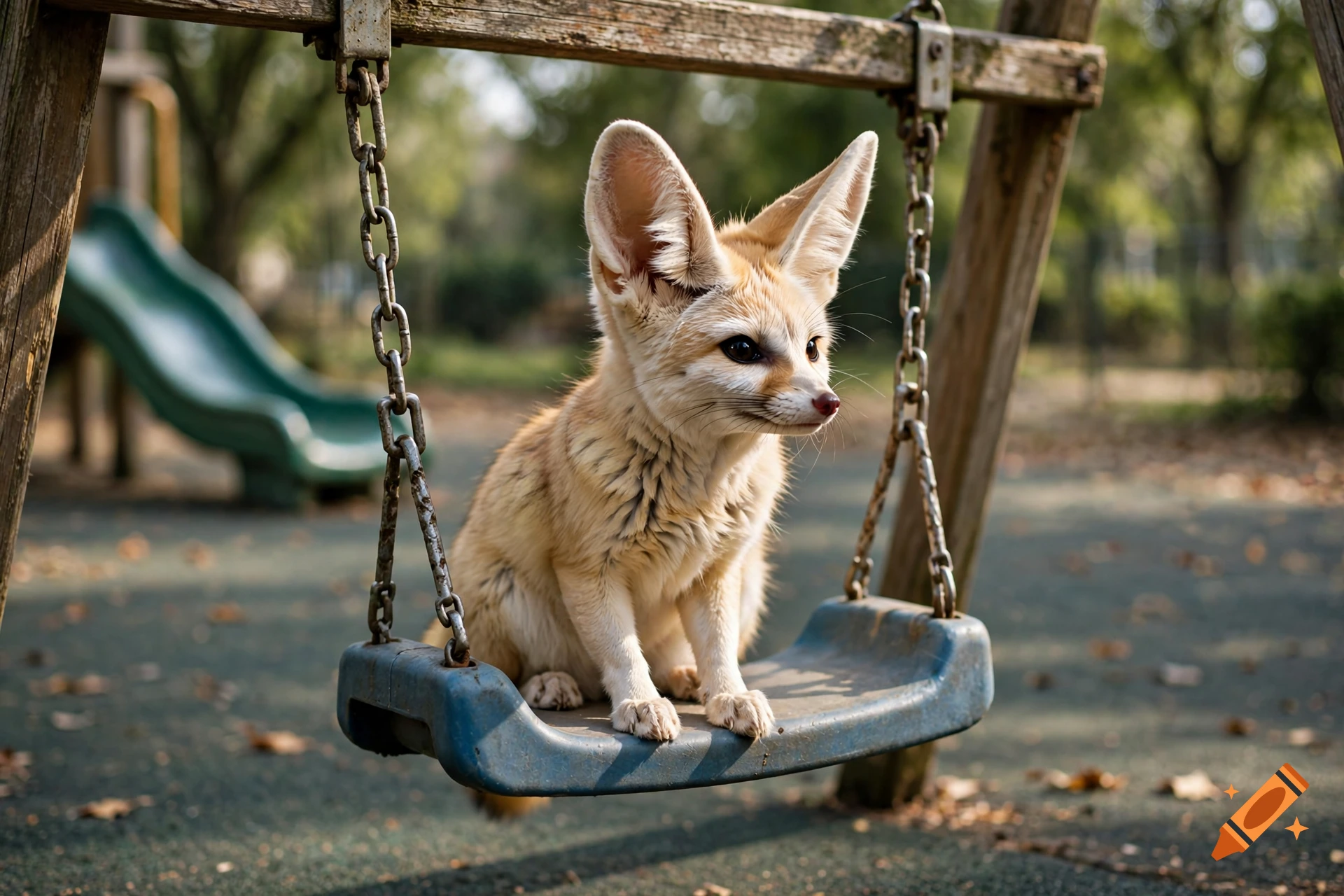 A photorealistic fennec fox sitting on a blue playground swing in a park.
