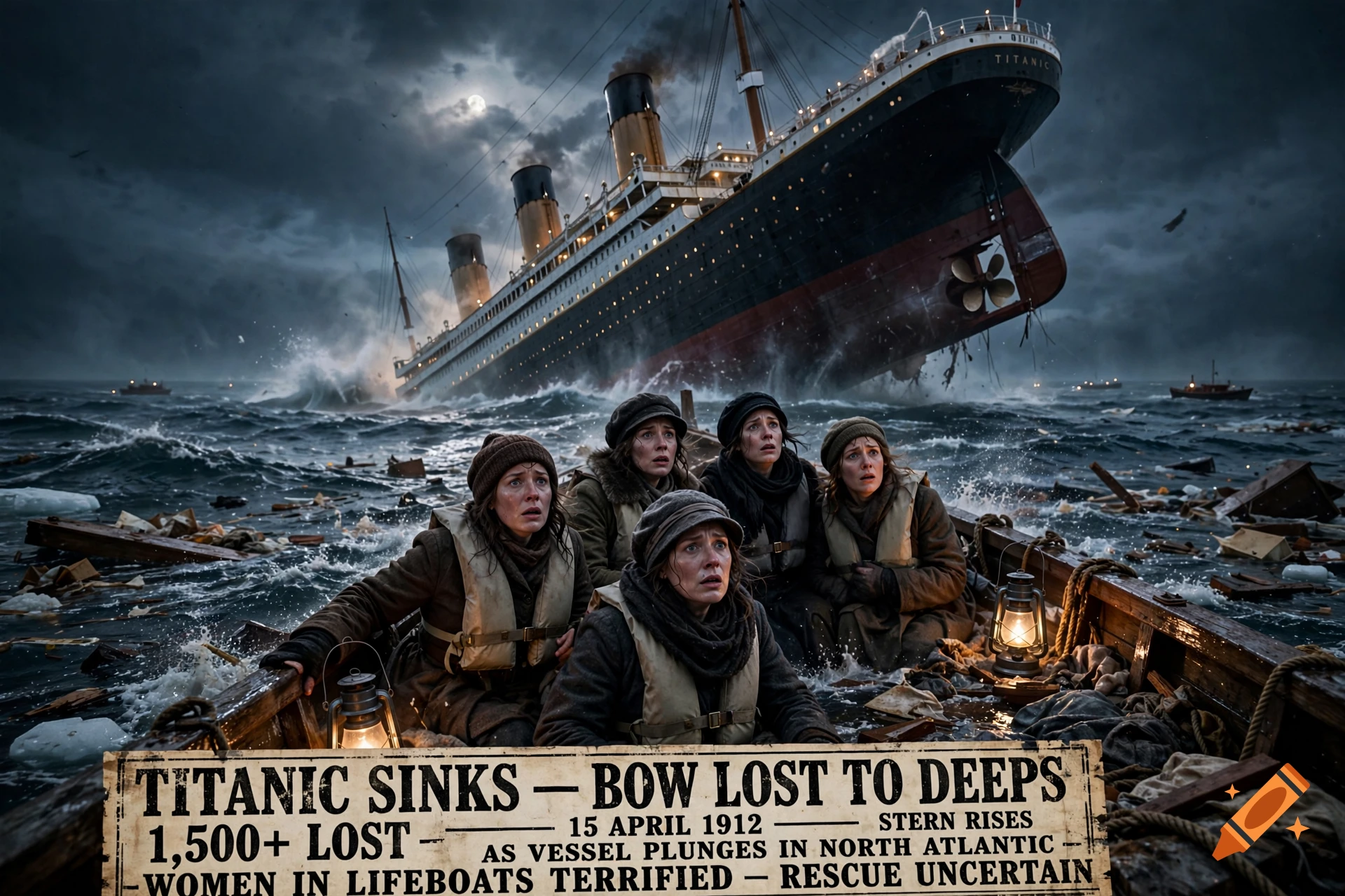 Cinematic photorealistic image of women in a lifeboat at night, with the Titanic sinking in the background.