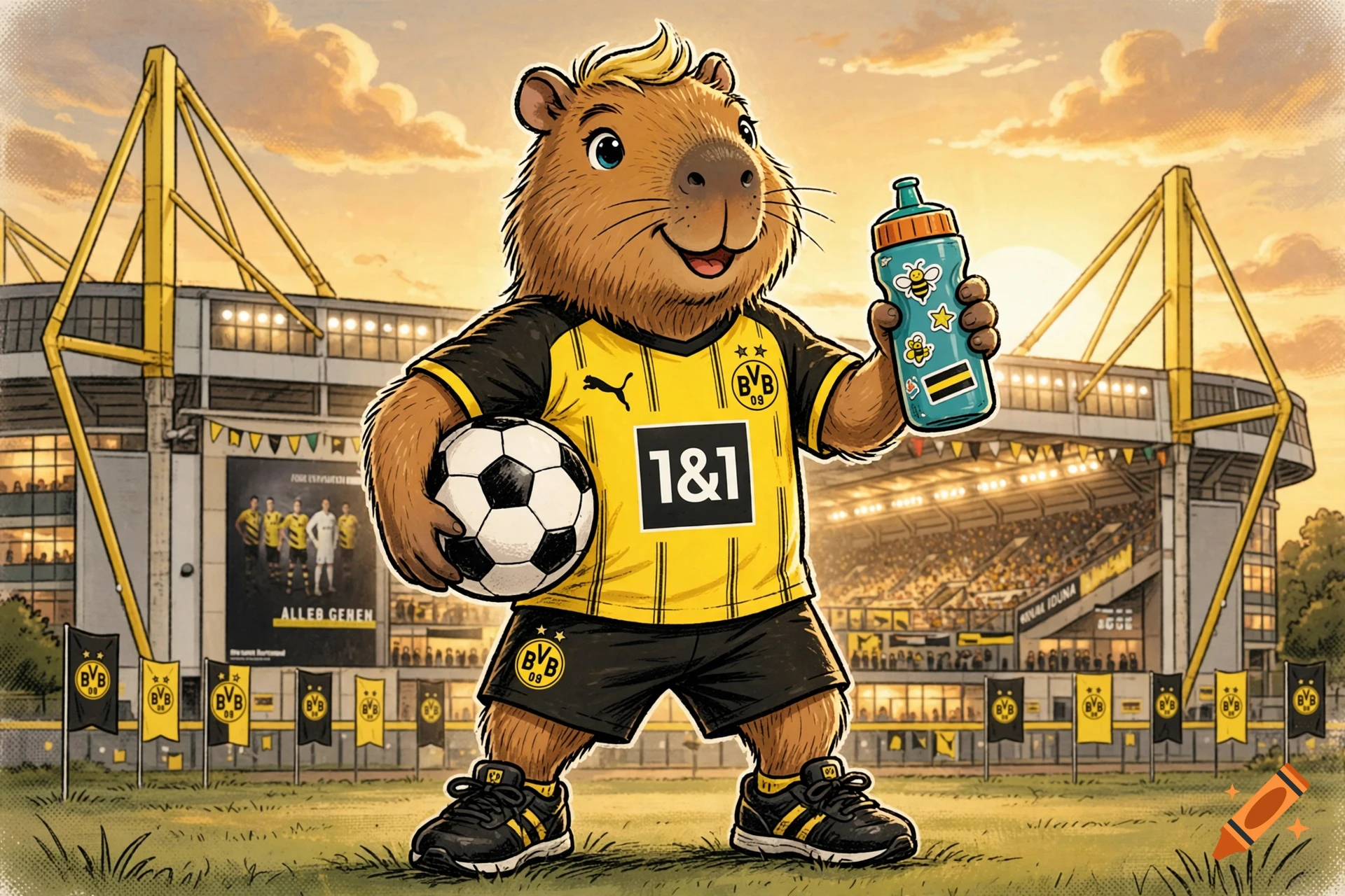 An anthropomorphic capybara wearing a yellow and black soccer uniform, holding a soccer ball under one arm and a water bottle in the other hand, standing on a soccer field in front of a stadium during sunset.