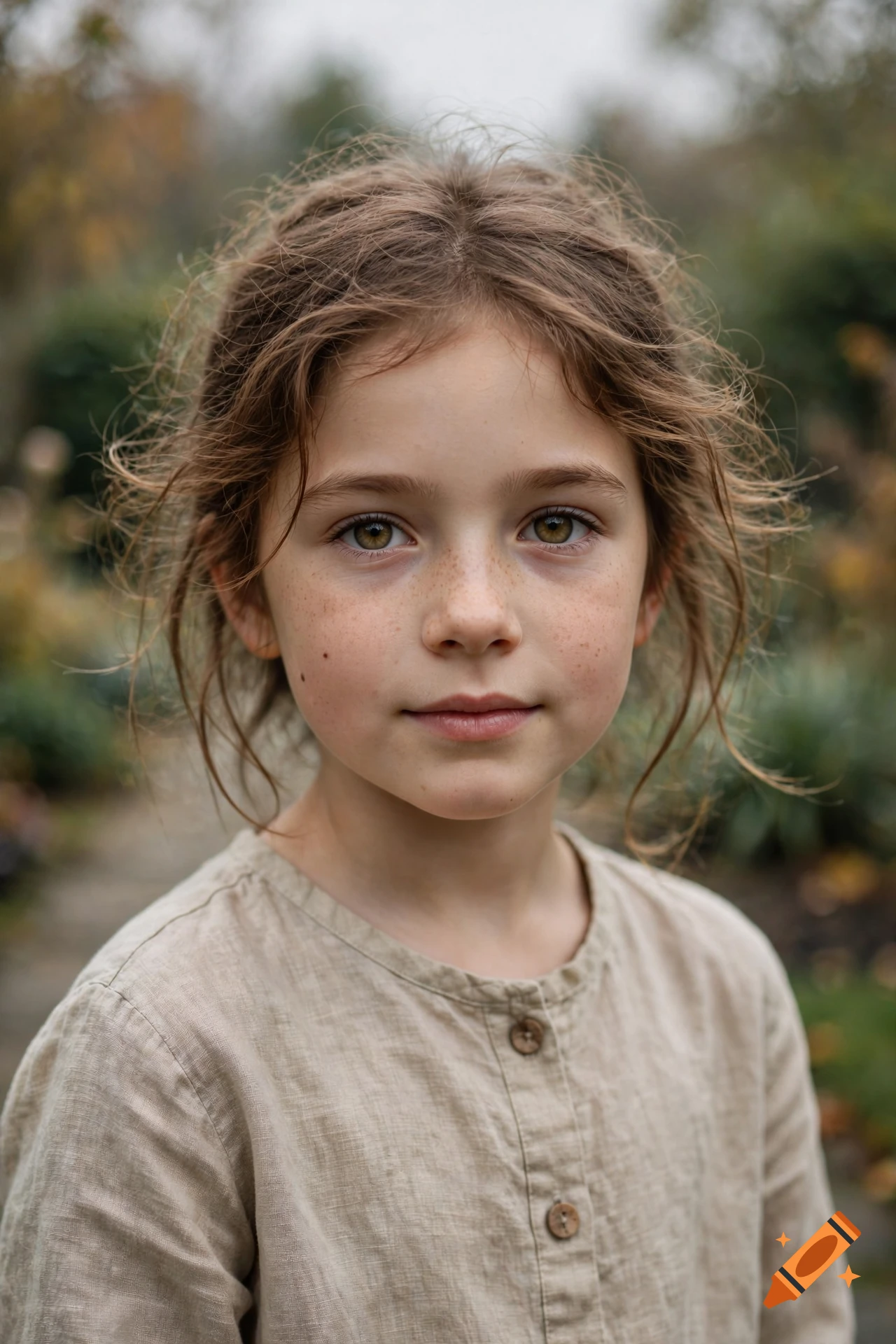 Photorealistic close-up portrait of a young girl with curly brown hair and green eyes outdoors.