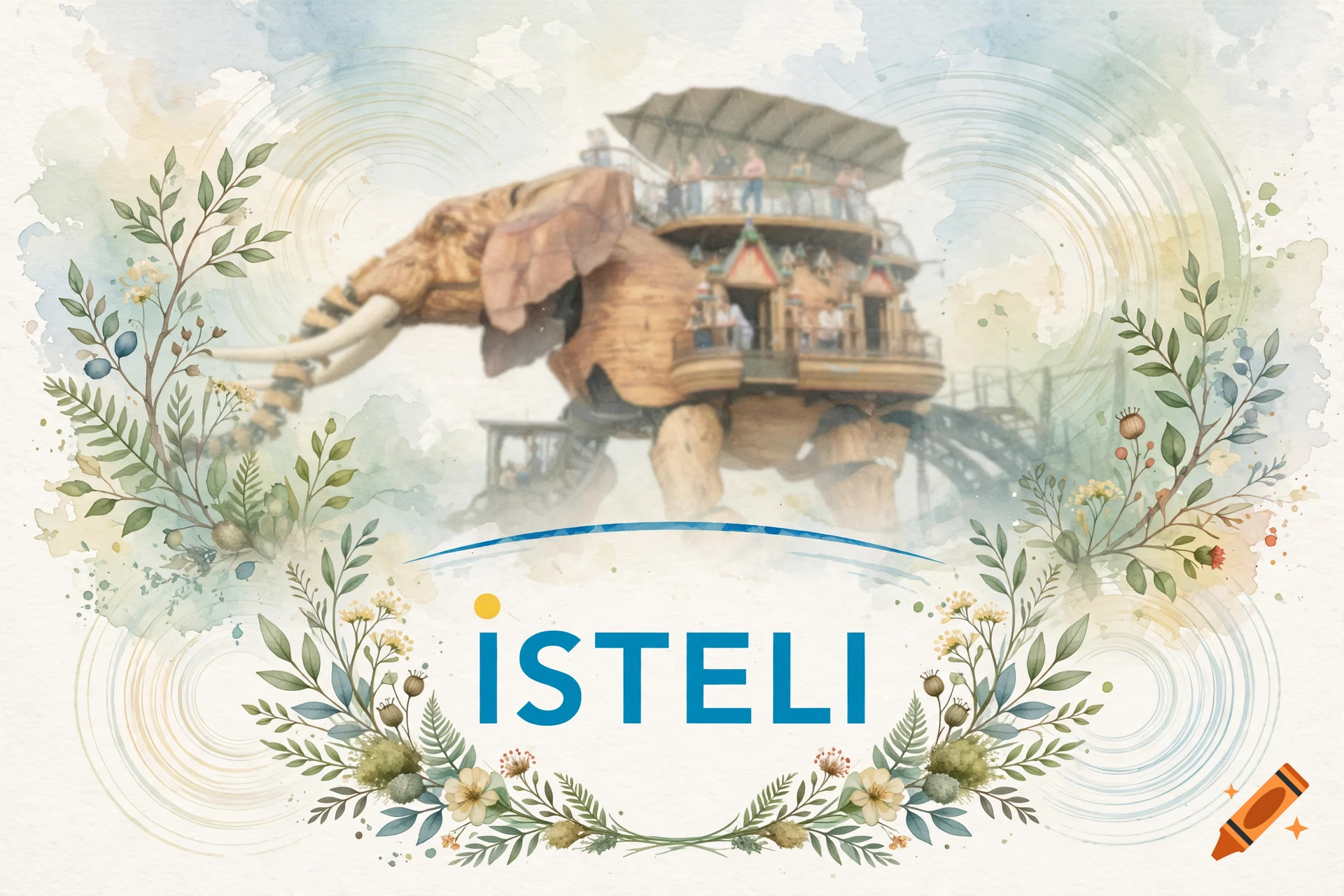 Watercolor illustration of the Nantes mechanical elephant framed by floral greenery with the text ISTELI.