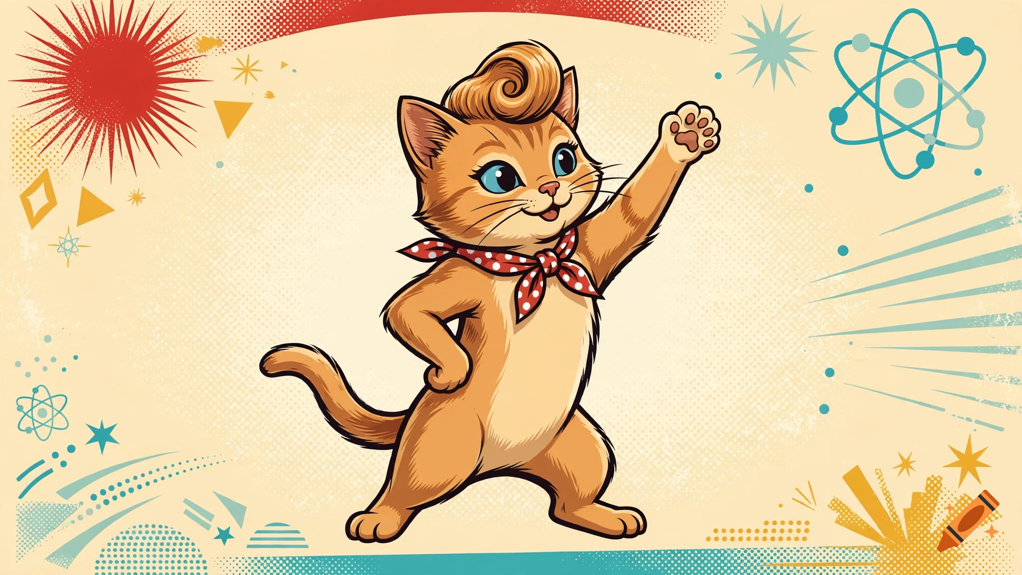 Vintage 1950s style illustration of an orange cat wearing a red polka-dot bandana in a rockabilly pose.