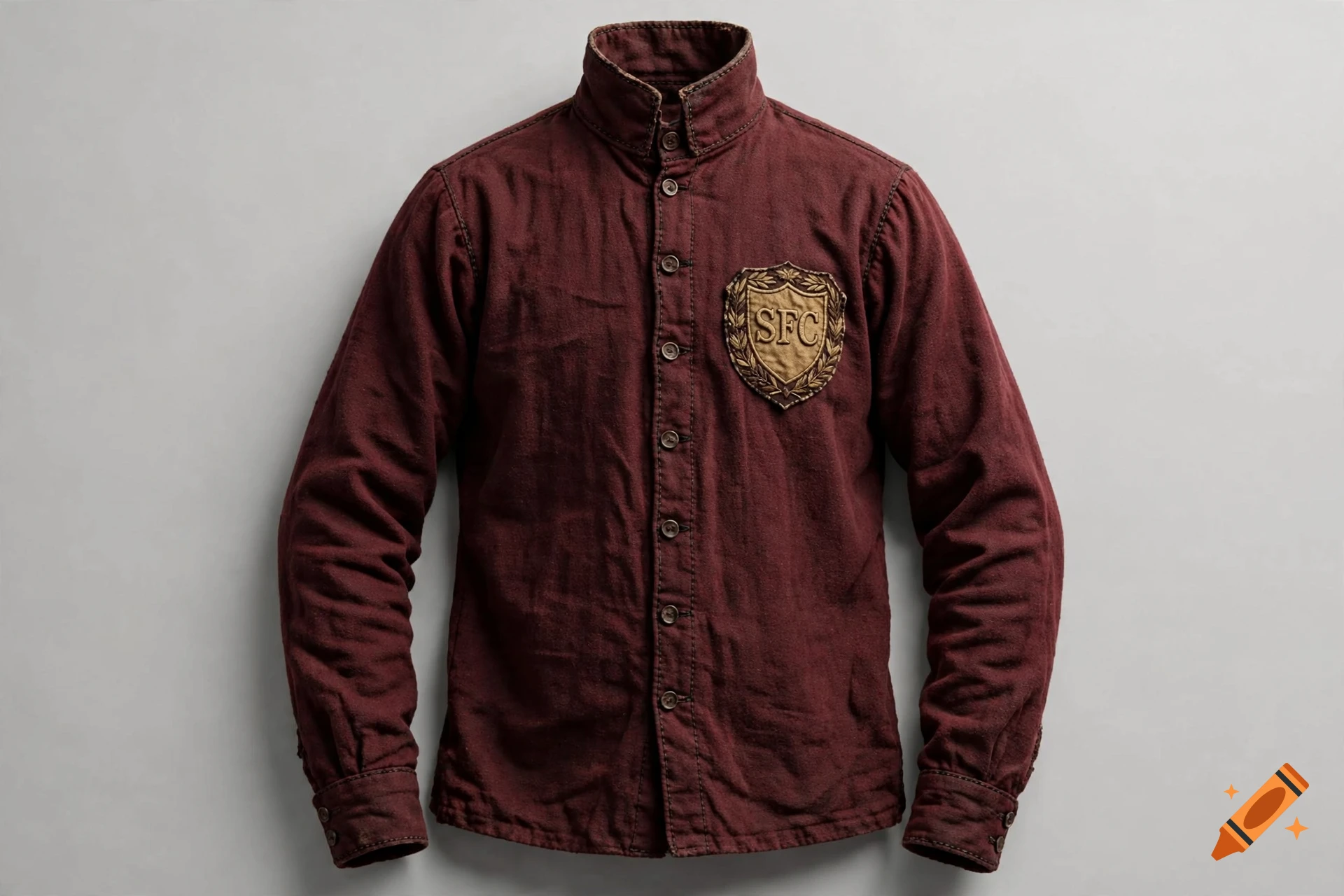 Professional studio photograph of a historical 1870 Sheffield FC dark red flannel button-up shirt with an embroidered SFC shield crest.