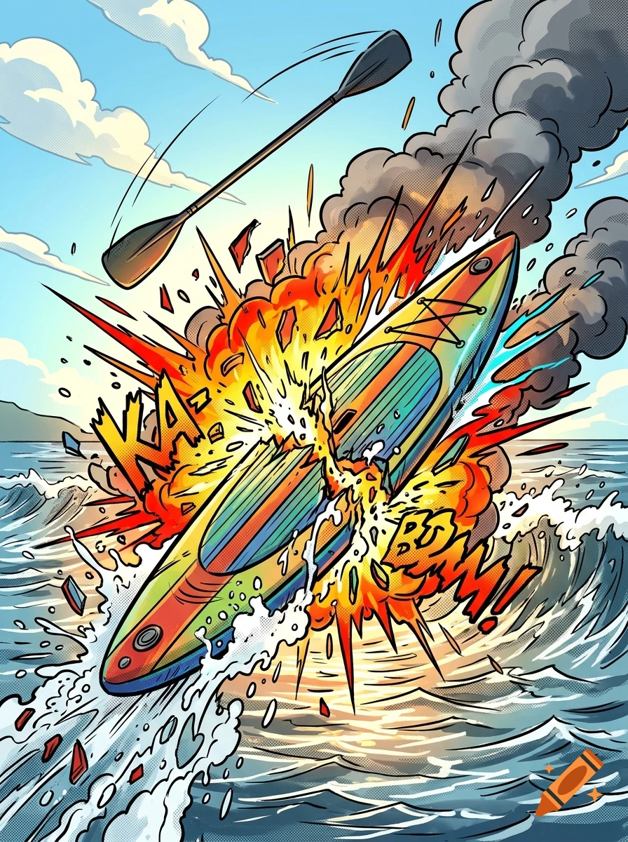 Comic book style illustration of a paddleboard exploding in mid-air over ocean waves with a paddle flying above.