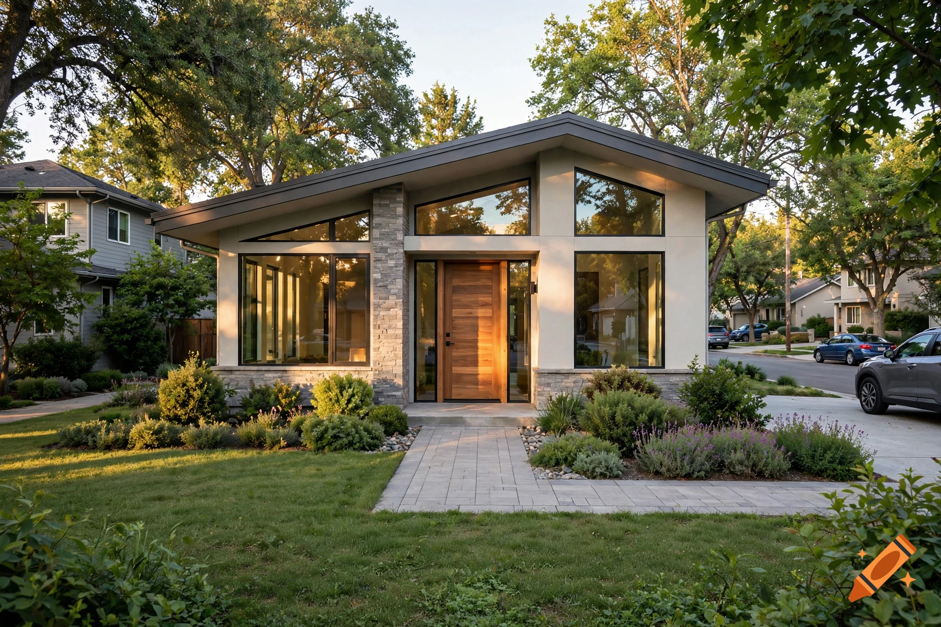 Exterior view of a modern single-story house with large windows, a stone facade accent, and a wooden front door, surrounded by landscaped front yard and trees.