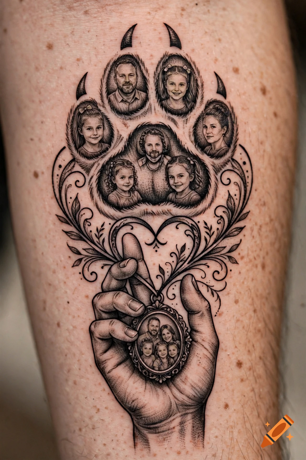 Detailed black ink tattoo depicting a large paw print containing portraits of a family, with a heart and a hand holding a framed photo below.