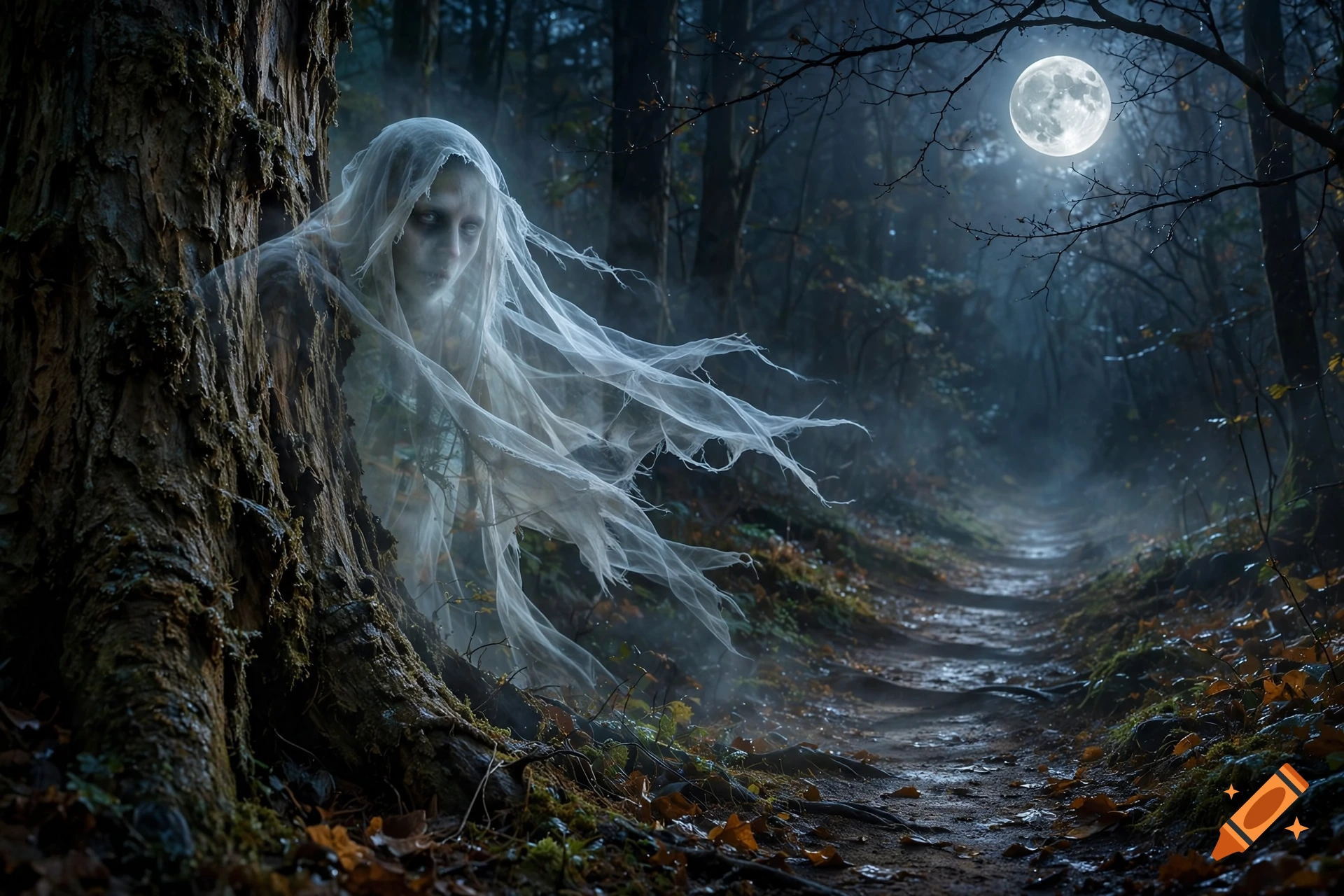 Photorealistic image of a spooky ghost draped in a white shroud peering out from behind a tree in a misty forest under a full moon.