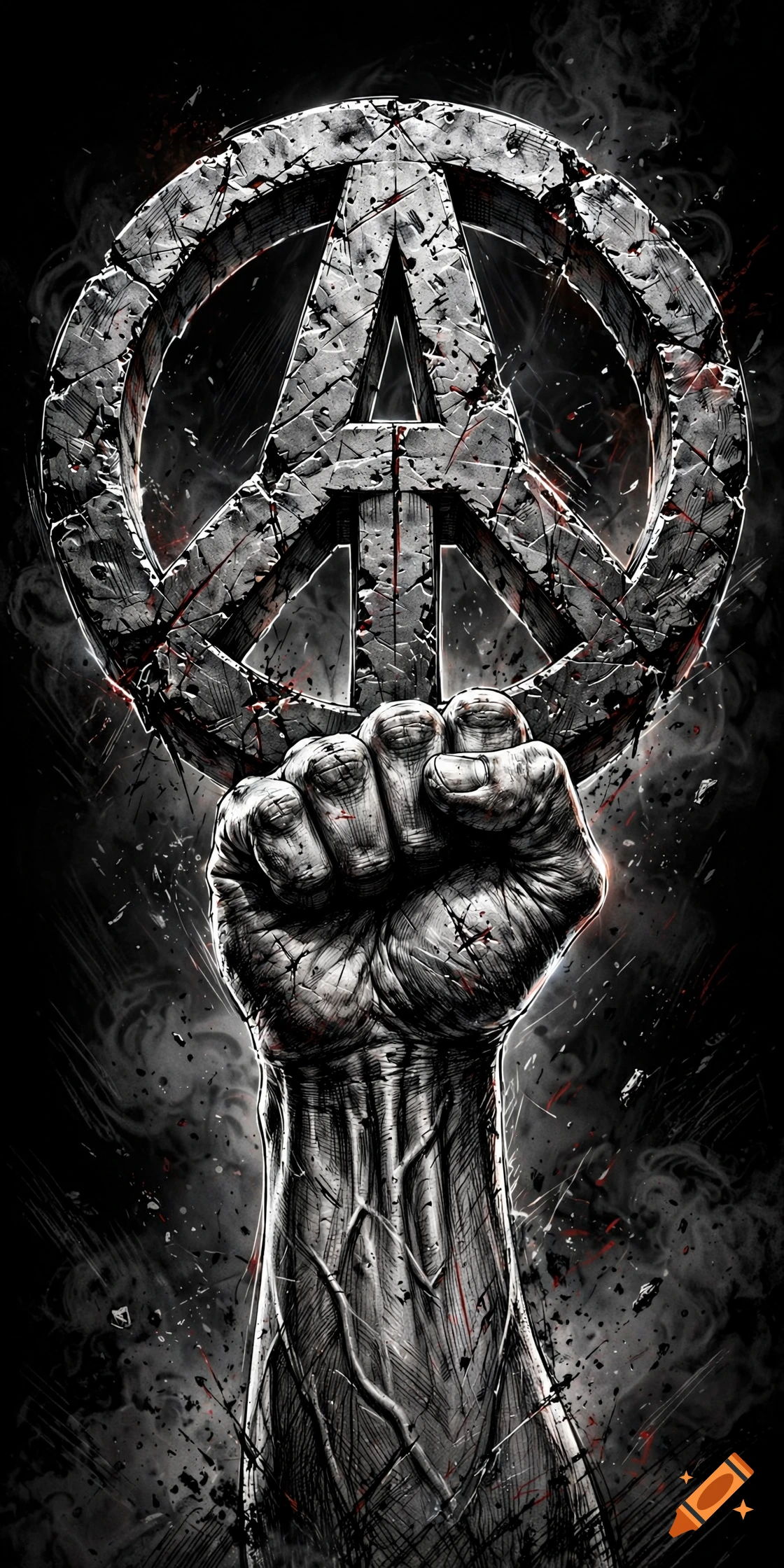 Black and white sketch style illustration of a muscular fist holding up a cracked peace and anarchy symbol.