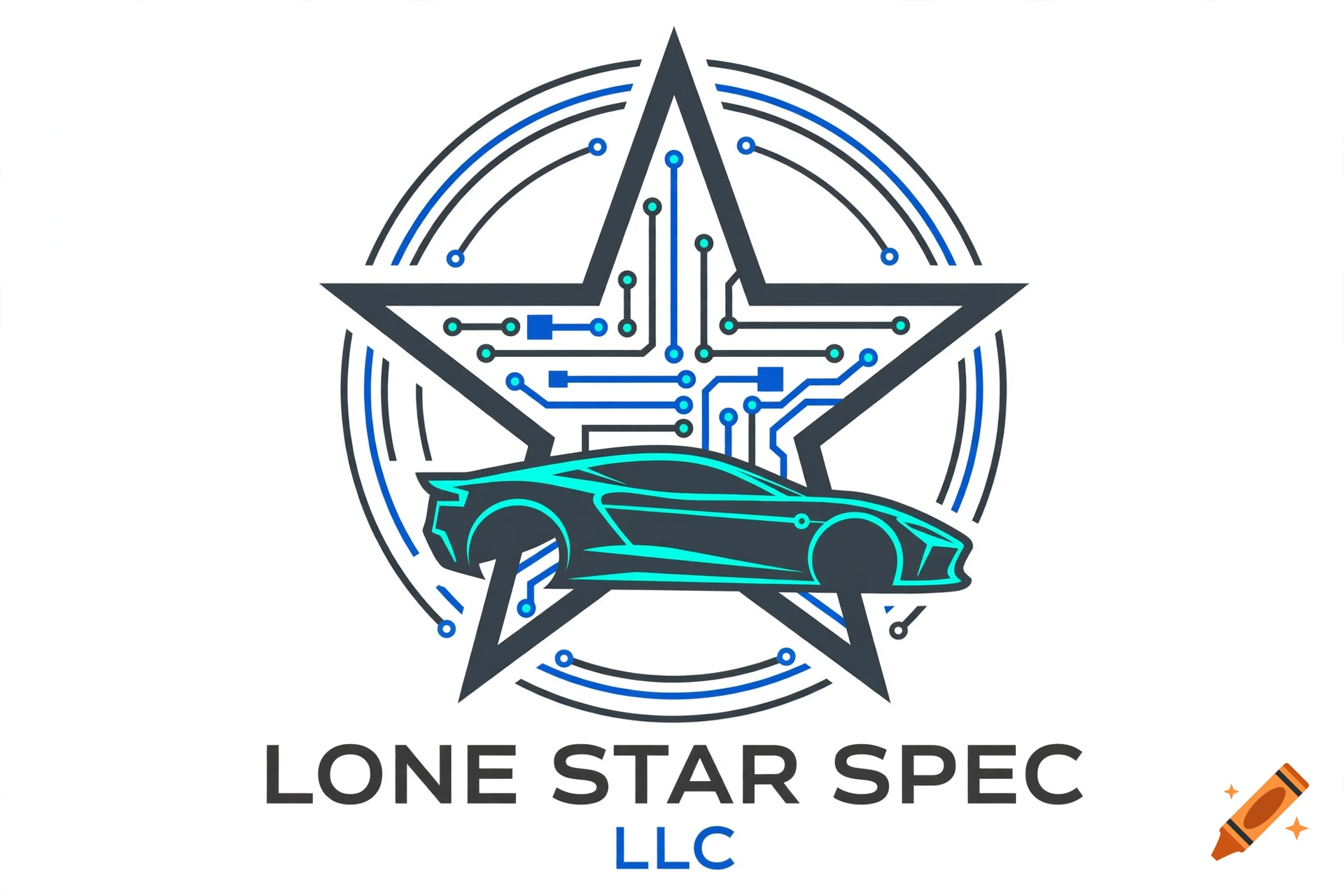 A tech-themed logo featuring a large star filled with circuit board traces, encircled by concentric rings, and a sports car silhouette across the bottom, with the text "LONE STAR SPEC LLC".