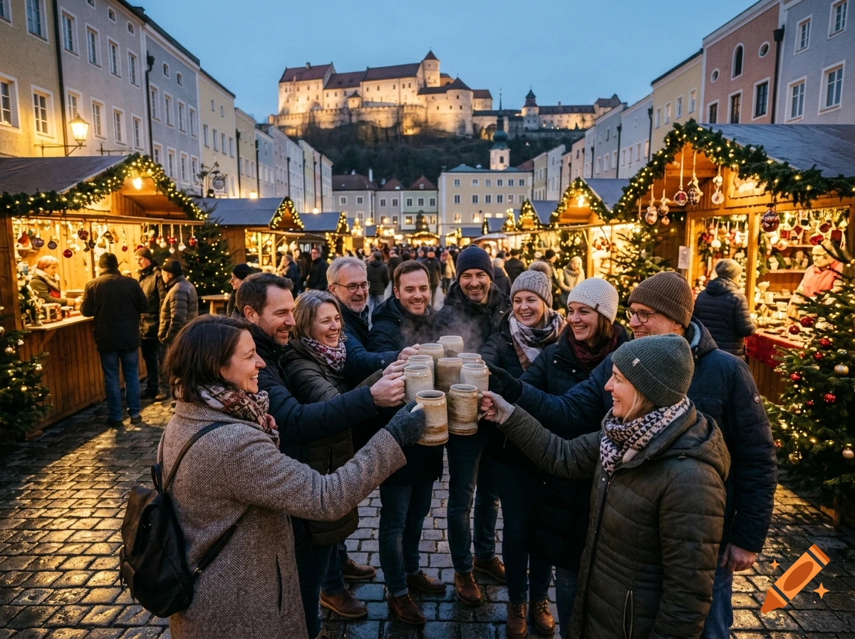A group of friends laughing and toasting with mugs at a lively Christmas market with a historic castle in the background.