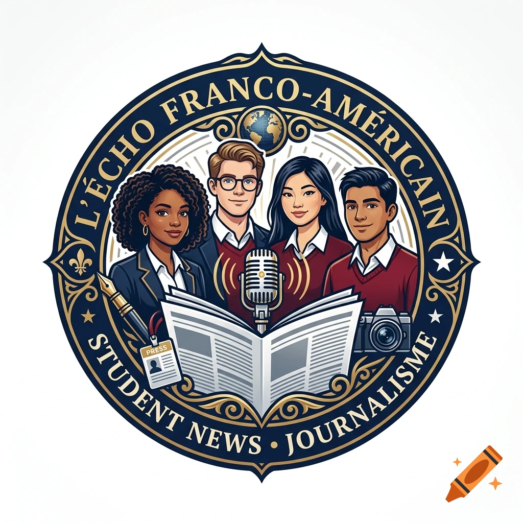 Circular logo for a school news organization featuring four diverse students, a microphone, book, and French and English text.