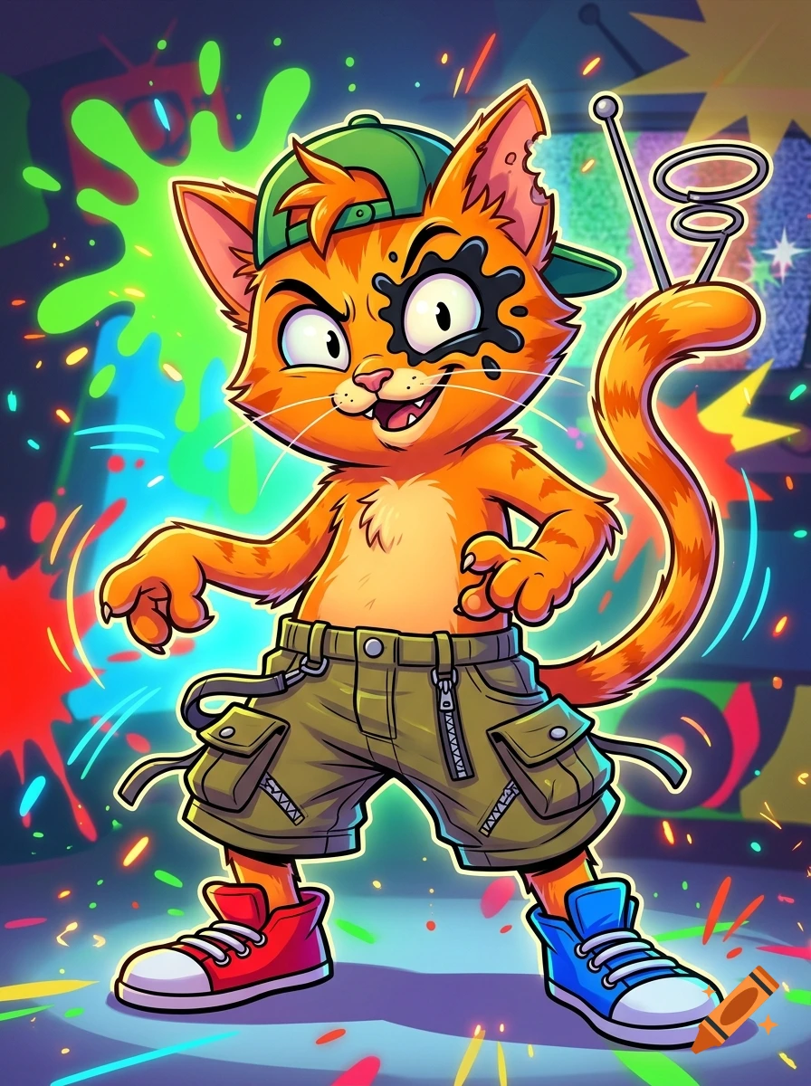 An anthropomorphic orange cartoon cat wearing baggy cargo shorts, a backwards green cap, and mismatched sneakers in a vibrant neon style.