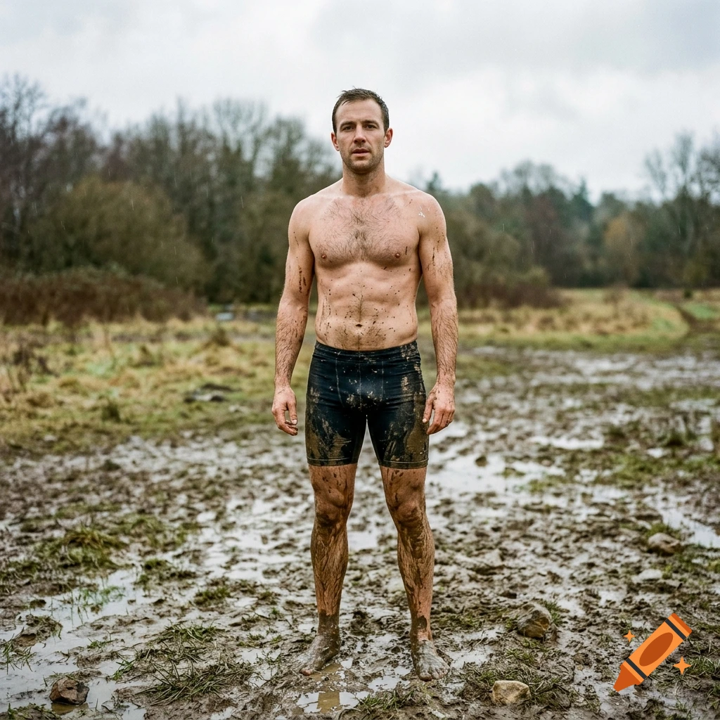 Photorealistic image of a shirtless man covered in mud standing in a muddy field.