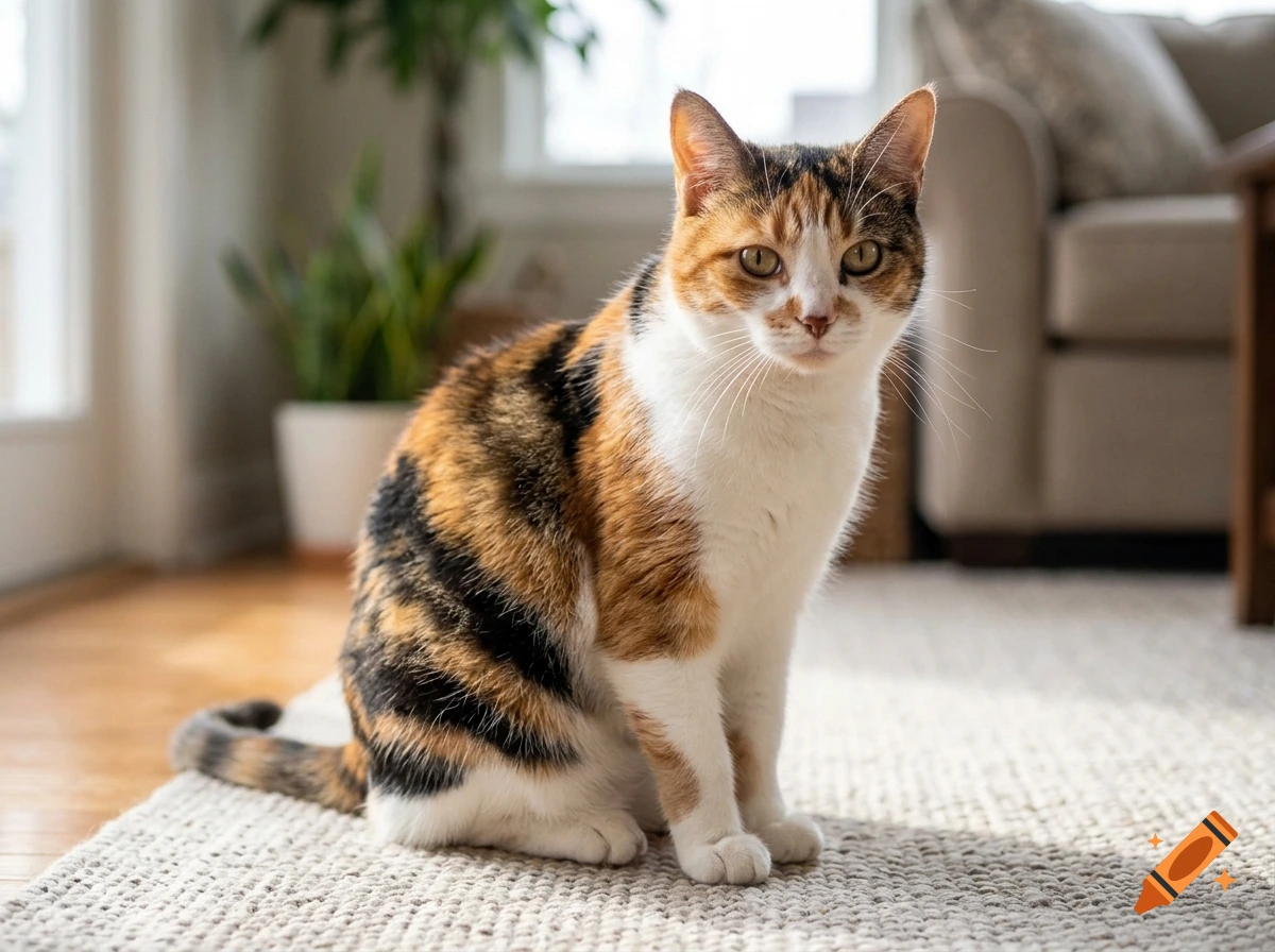 Photorealistic image of a calico cat sitting on a light-colored rug in a living room.