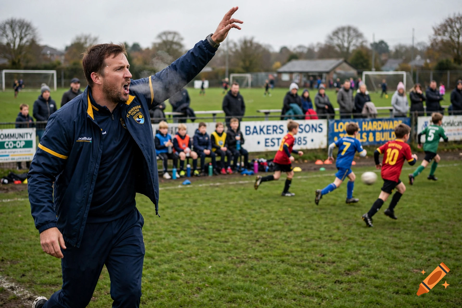 Photorealistic image of a youth soccer coach shouting and gesturing on the sideline during a match, with children playing in the background.