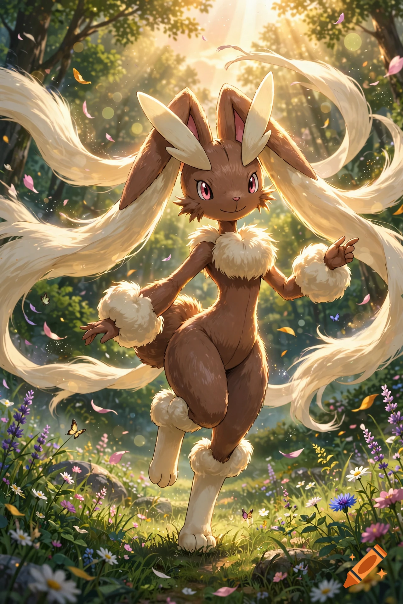 Lopunny Pokémon walking in a sunny enchanted forest with wildflowers and floating petals, anime digital art.