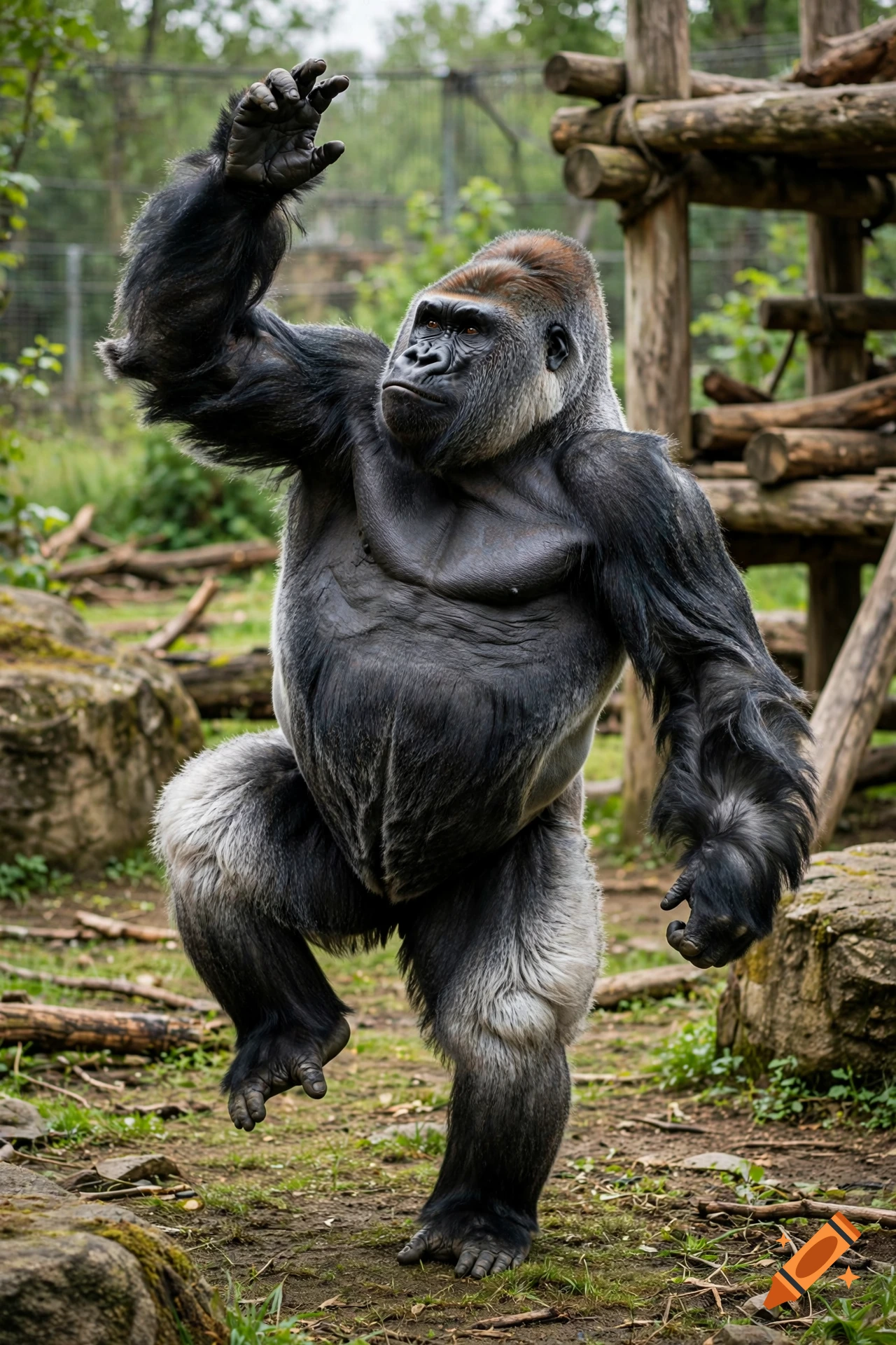 Photorealistic image of a gorilla dancing in an enclosure with wooden structures.