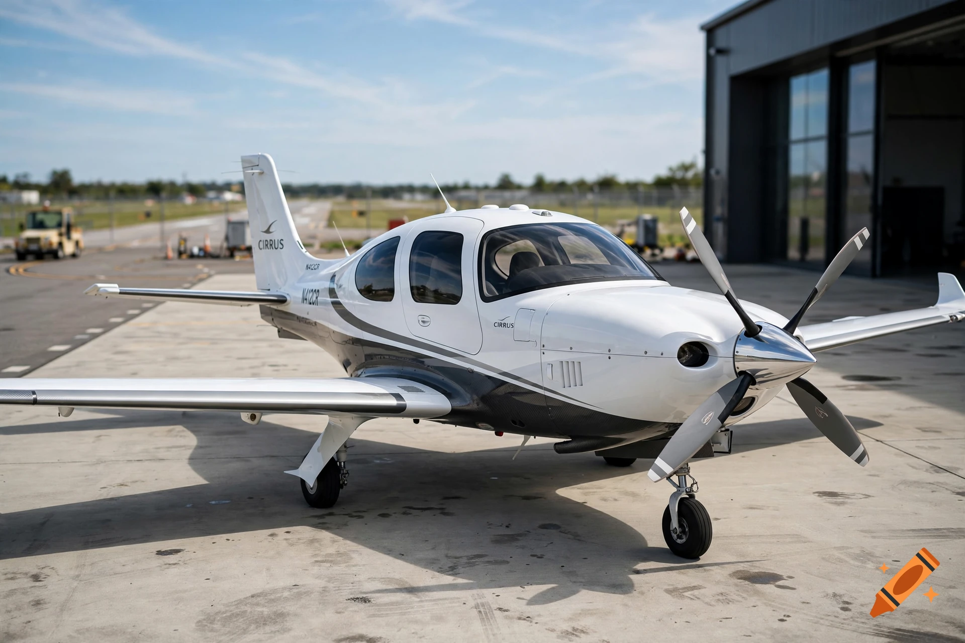 A white and gray Cirrus propeller airplane parked on an airport tarmac near a hangar under a blue sky.