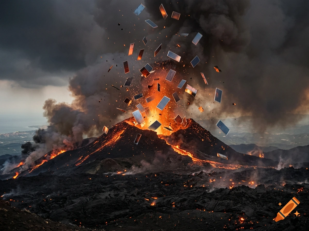 Photorealistic eruption of Mount Etna with solar panels flying out of the crater amidst smoke and fire.