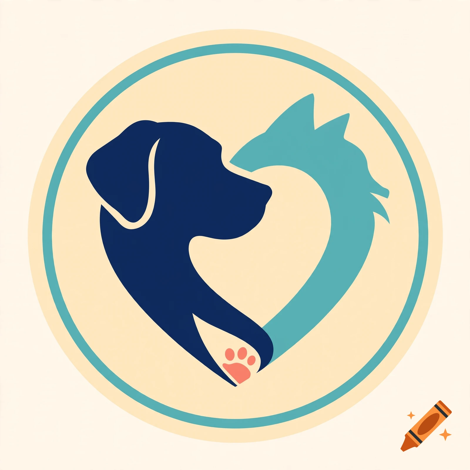 A stylized vector logo featuring a dark blue dog silhouette and a teal cat silhouette forming a heart shape, with a pink paw print.