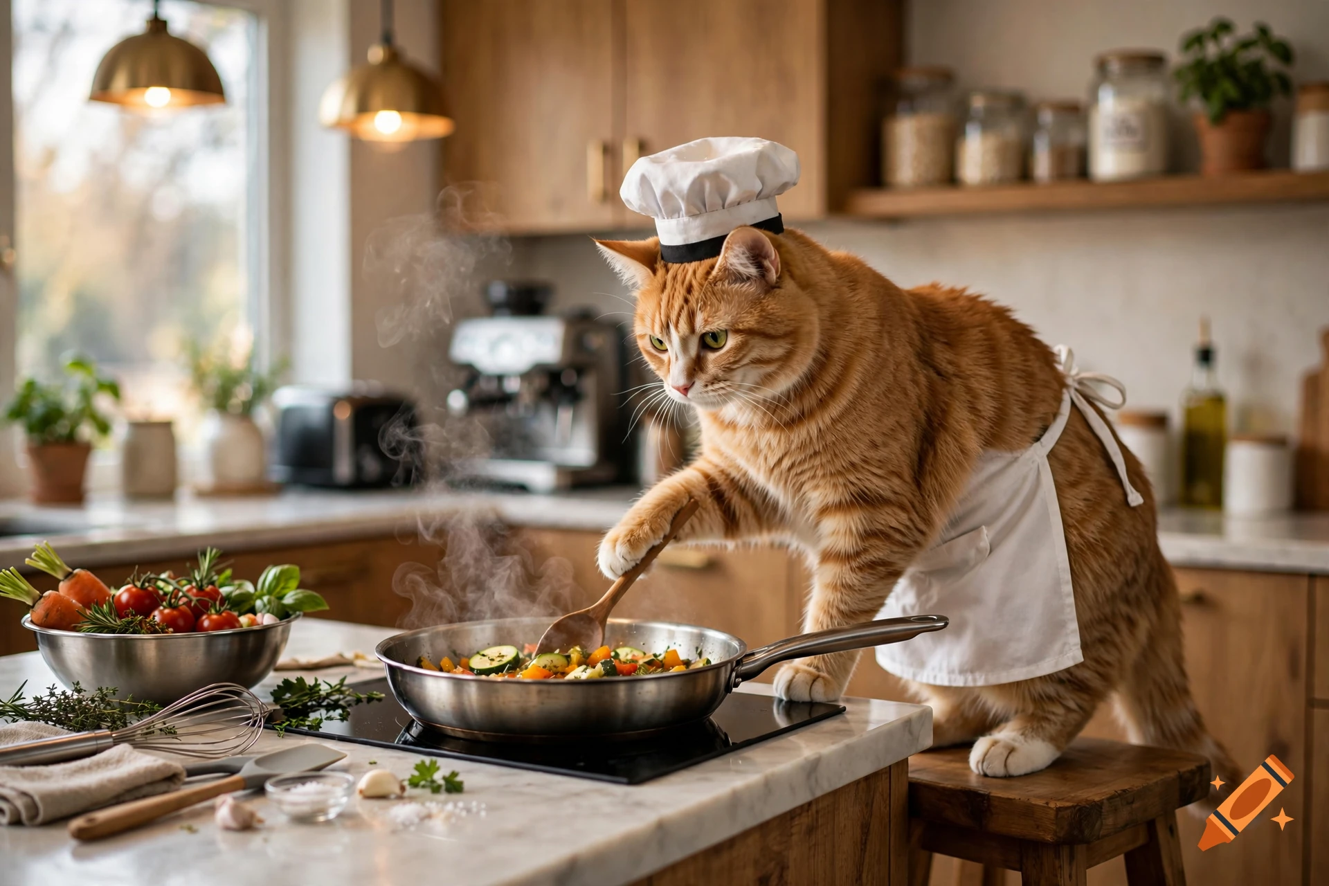 An orange tabby cat wearing a chef's hat and apron stands on a stool, stirring vegetables in a frying pan on a kitchen counter.