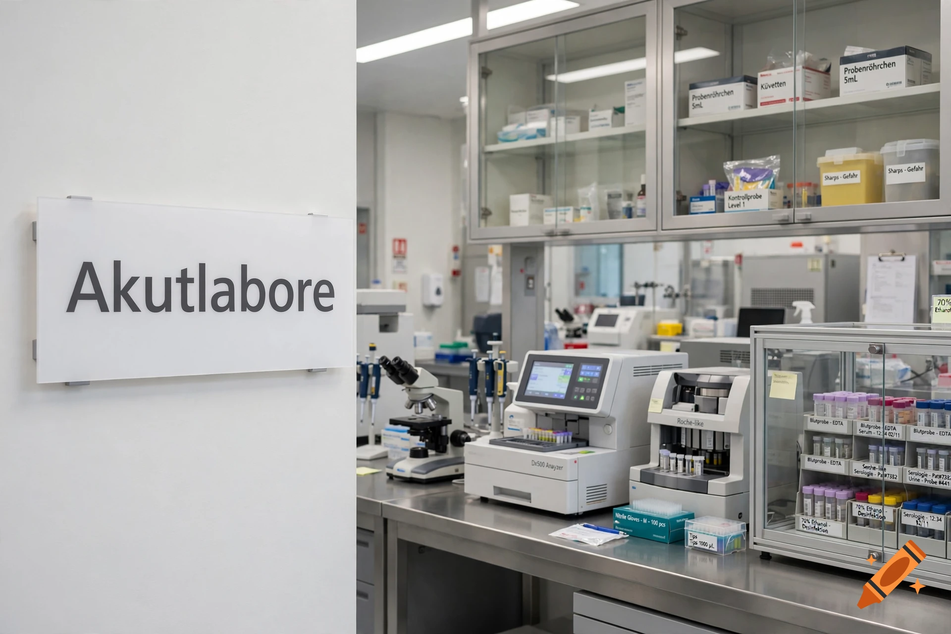Photorealistic modern medical laboratory interior with a sign reading 'Akutlabore' on the wall and various lab equipment on stainless steel counters.