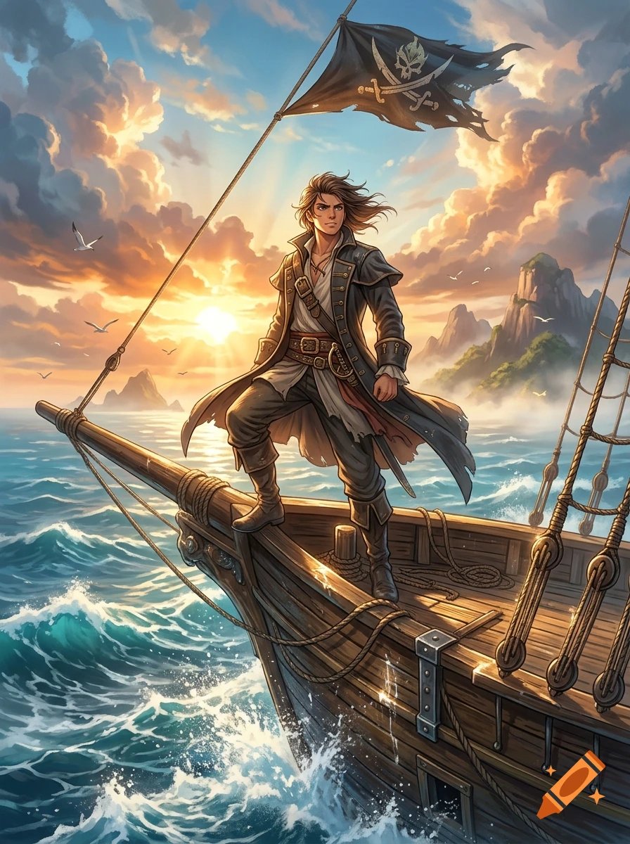 Anime-style male pirate standing on the bow of a ship at sunset with a pirate flag flying above.