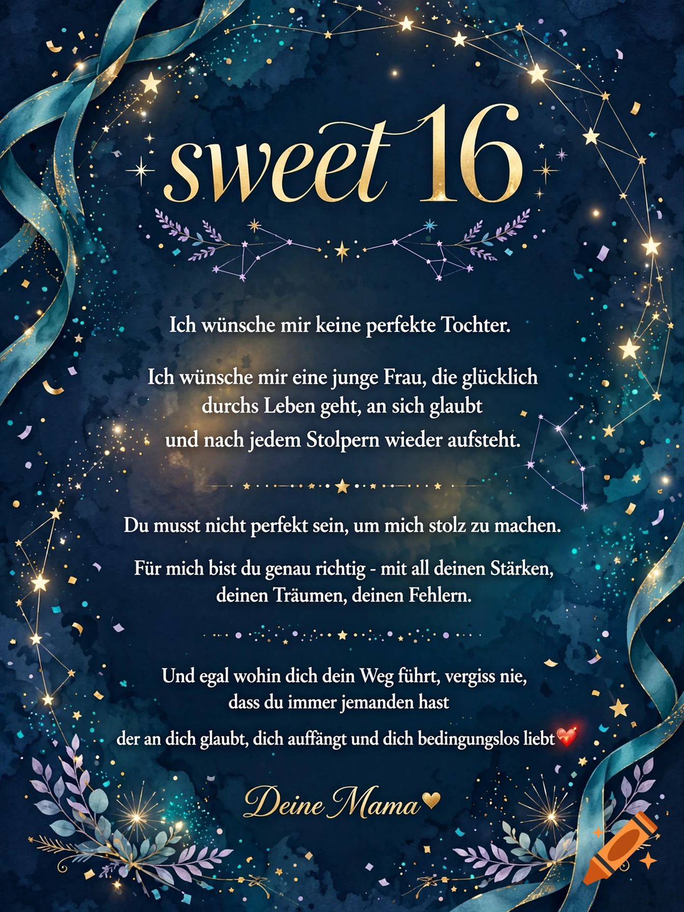 A dark blue starry night background with gold lettering 'sweet 16', German birthday wishes text, and teal ribbons.