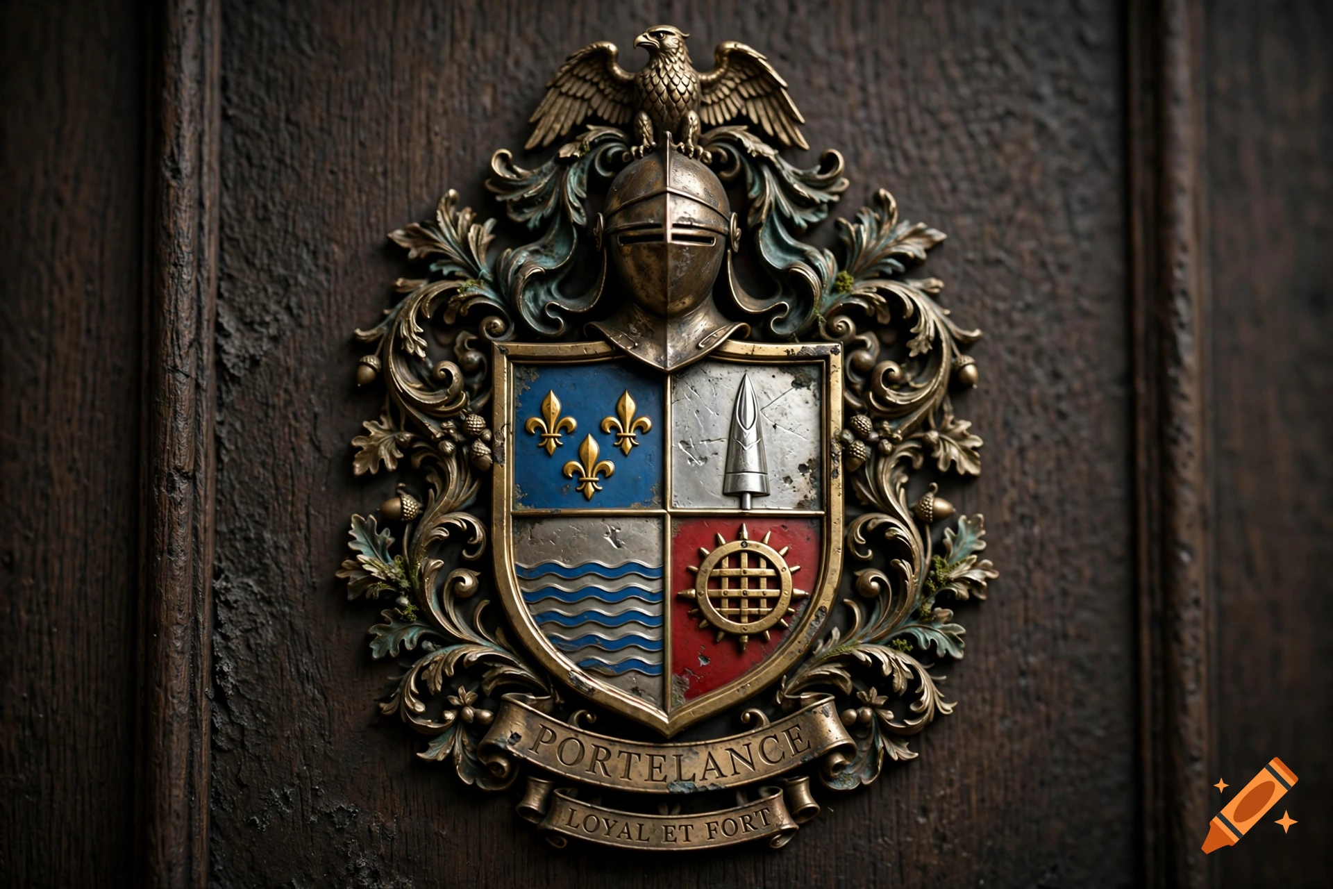 An ornate metallic heraldic shield with a knight helmet and eagle on a dark wooden background.