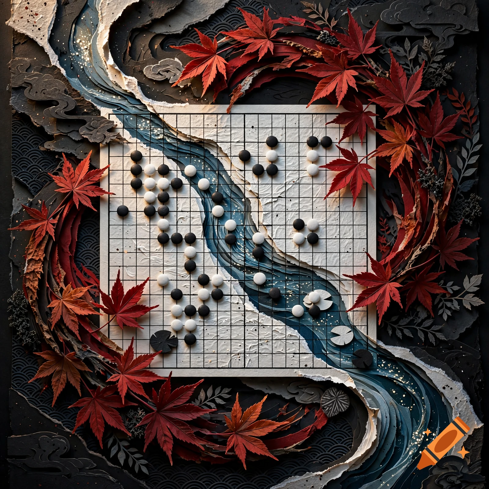 Modern Japanese cut-paper collage art featuring a Go board intertwined with vivid autumn crimson maple leaves and a flowing river.