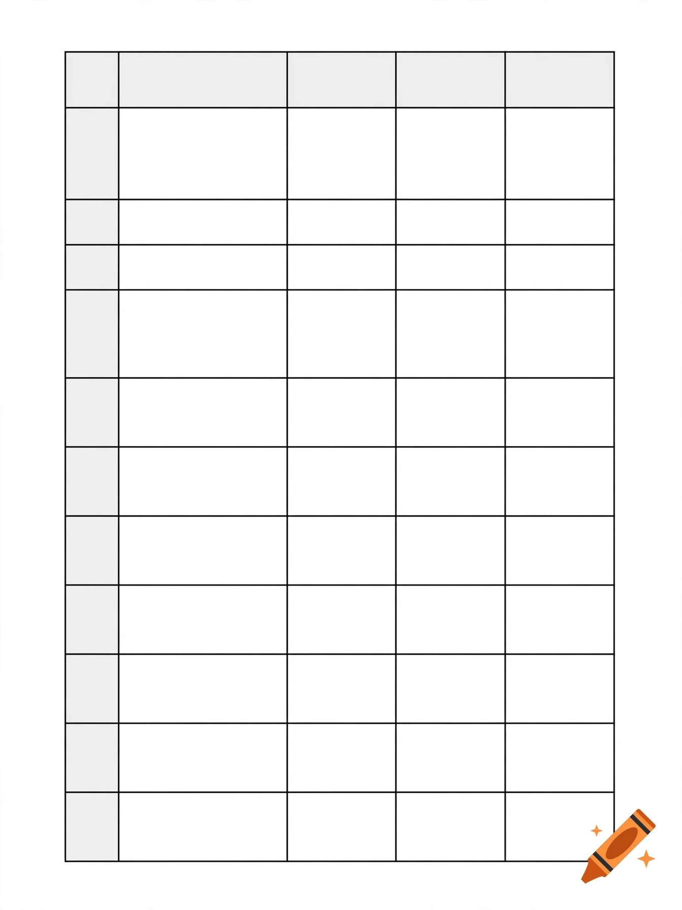 Blank chart template with multiple rows and five columns.